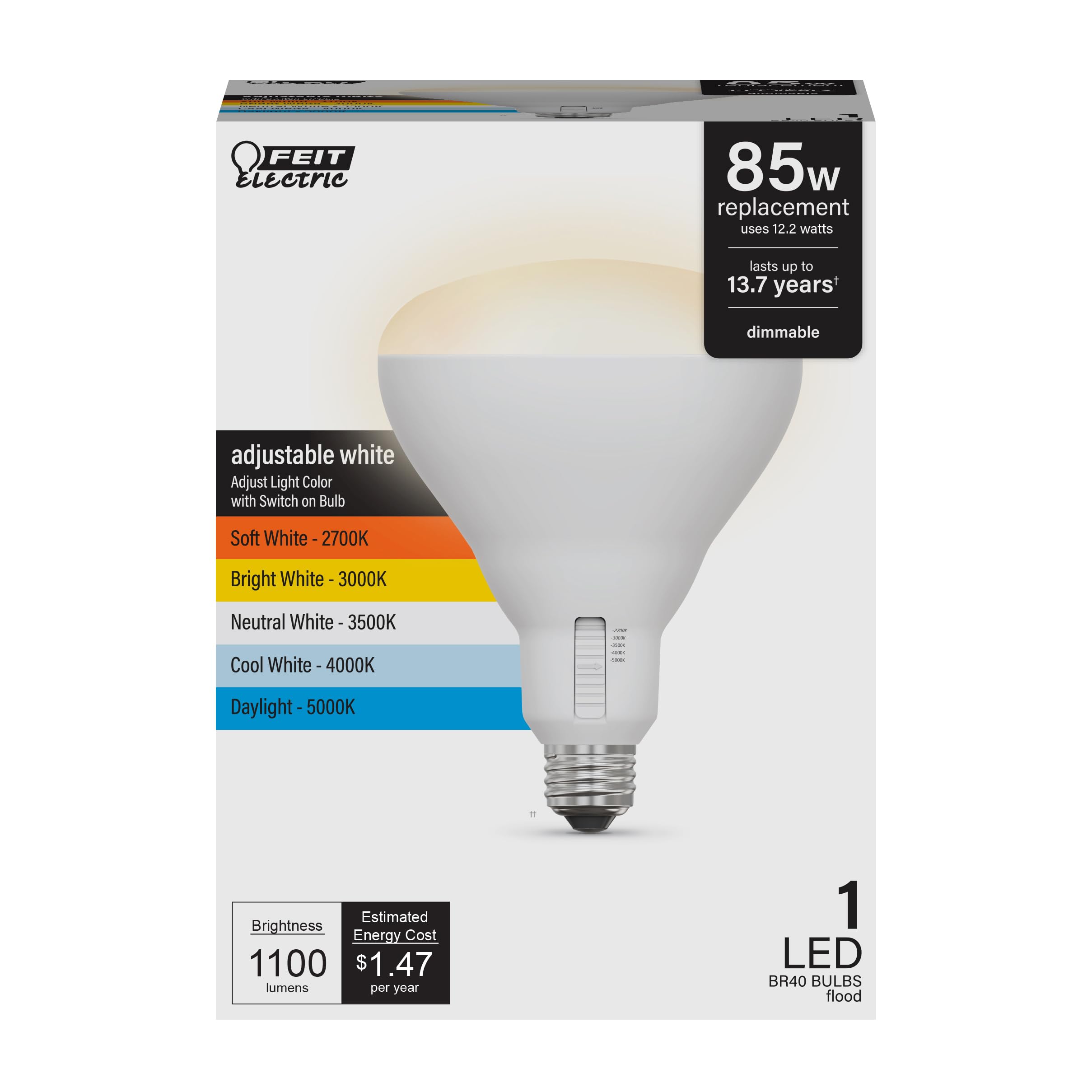 Photo 1 of Feit Electric BR40 LED Light Bulb, 85W Equivalent, Dimmable, 5CCT, E26 Medium Base, 90 CRI, 1100 Lumens, Adjustable White, 13.7 Years Lifetime, BR4085DM5CCTCA15K
