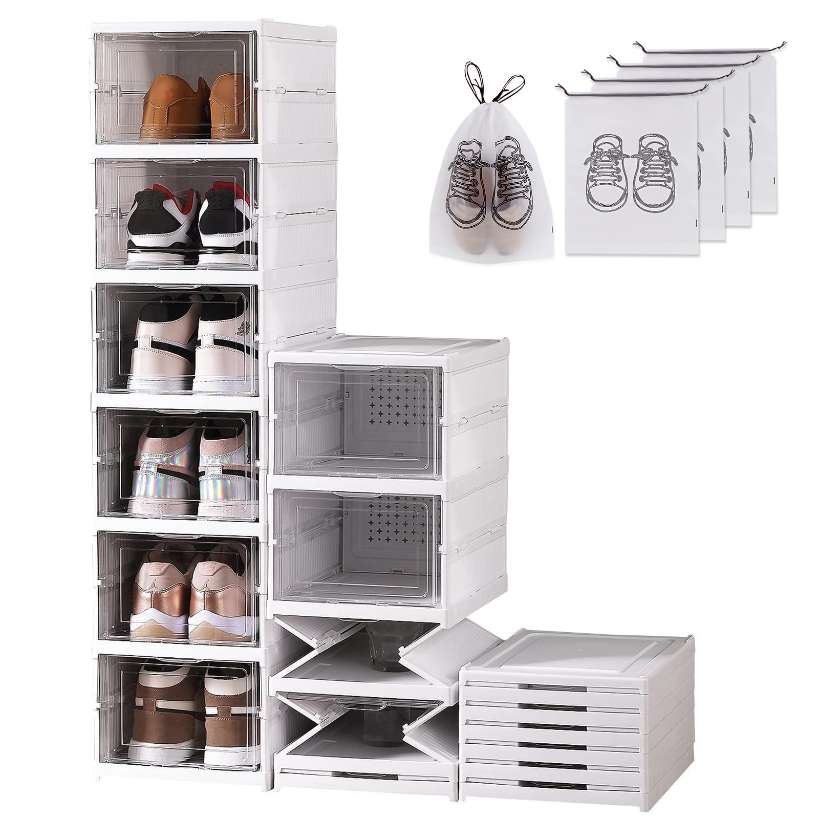 Wuciray Shoe Storage Box 6PCS Shoe Organiser Clear Stackable with Magnetic Door Installation Free Plastic Trainer Storage Organise Foldable Space Saving Shoe Rack for Sneaker Boot Container White