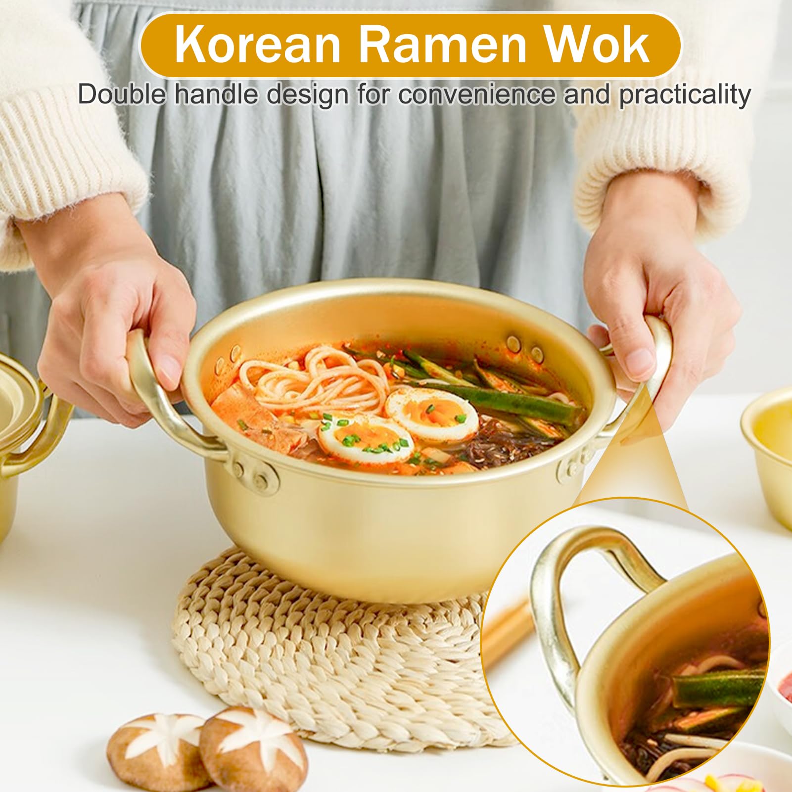 AIZYR Home Ramen Noodle Pot Large, Vaso Ramyun in Alluminio Tradizionale Coreano Pentole di Pasta Piccole Pentole con Coperchio per Campeggio, Escursionismo, Picnic,16cm