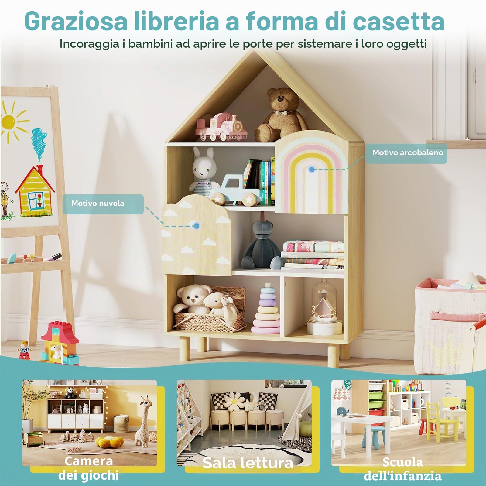 FANTASK Montessori - Libreria in legno, per bambini, a forma di casa, con 2 ante e gambe in legno massiccio, a 4 livelli, per camera dei giochi, cameretta dei bambini e camera da letto (naturale)