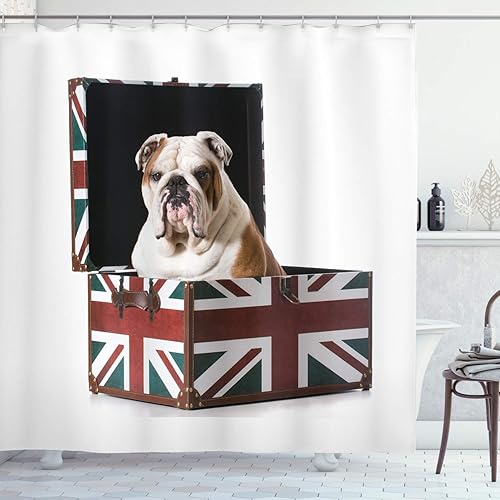 Ambesonne Cortina de ducha de Bulldog Inglés, Bulldog sentado en Union Jack Britain, diseño patriótico, juego de decoración de baño de tela con