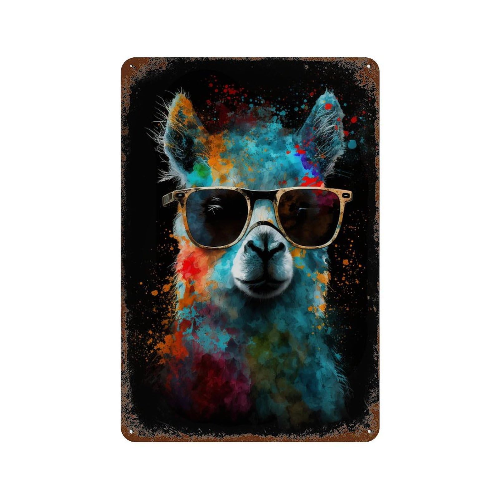 Weathered Tin Sign Colorful Llama with Sunglasses 11.8"x7.9", Novelty Wall Decor for Basement, Hobby Room And Garage Decor