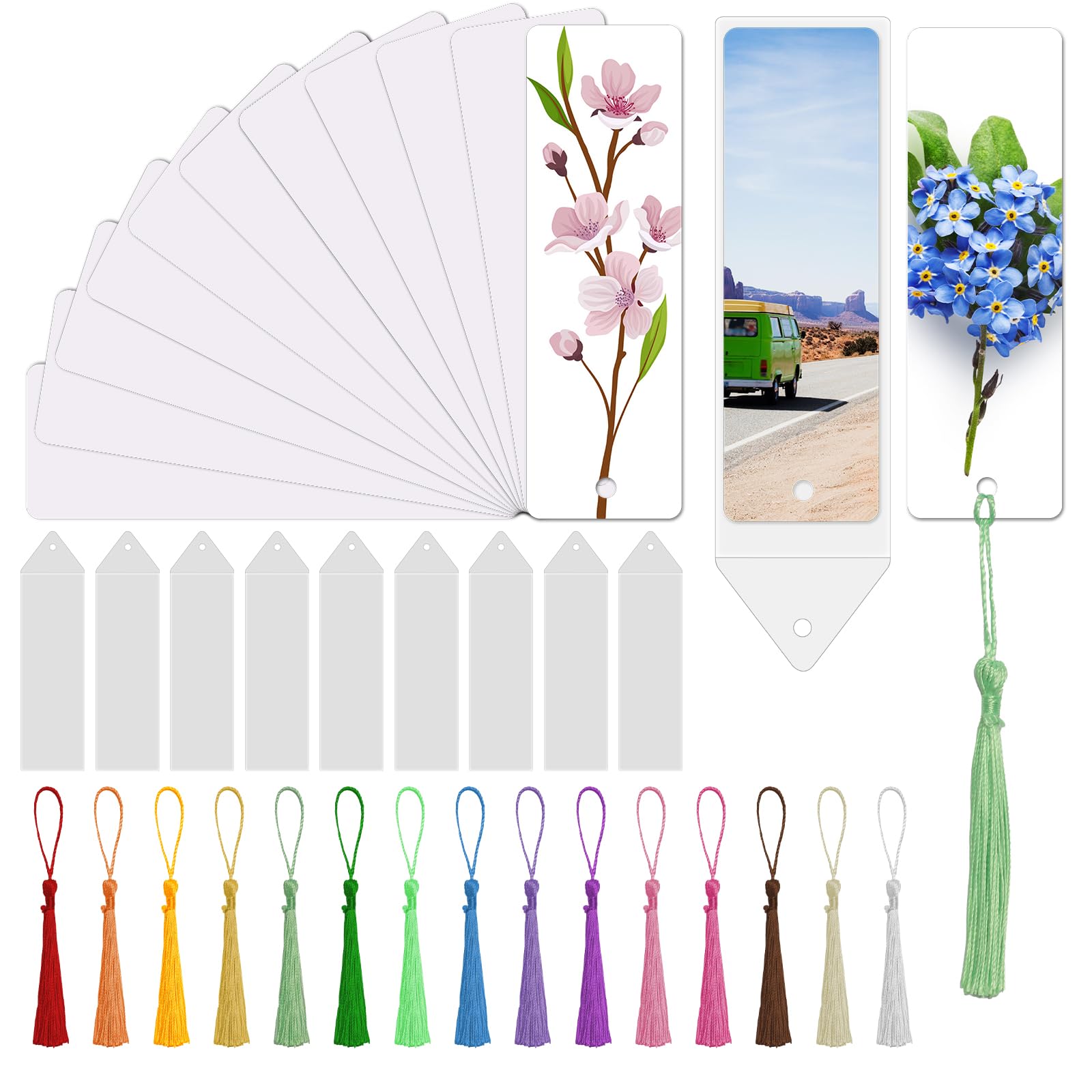 Solaradgy 30 Sets Blank Sublimation Bookmarks Double Sided with Clear Bookmark Sleeves and Colorful Tassels for Crafts Heat Transfer Aluminum Metal