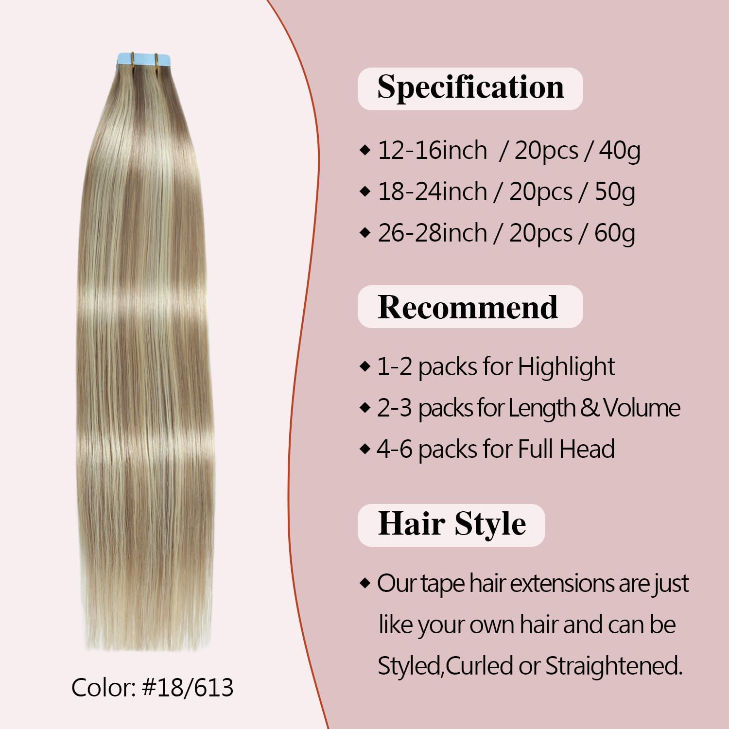 Sunya Tape in Human Hair Extensions 12 inch Ash Blonde Highlighted Bleach Natural Seamless Straight Tapes Extension 40g 20pcs/Pack - Image 2
