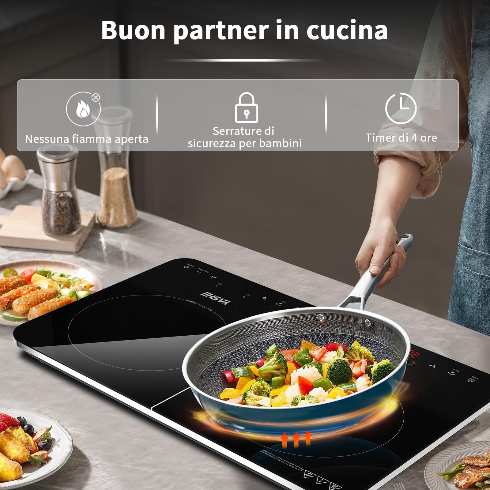 YASHE Piastra induzione – Piastra a induzione a 2 fuochi, 10 impostazioni di potenza e 10 di temperatura, piano cottura a induzione da 3500W 2 dischi, timer, blocco di sicurezza per bambini