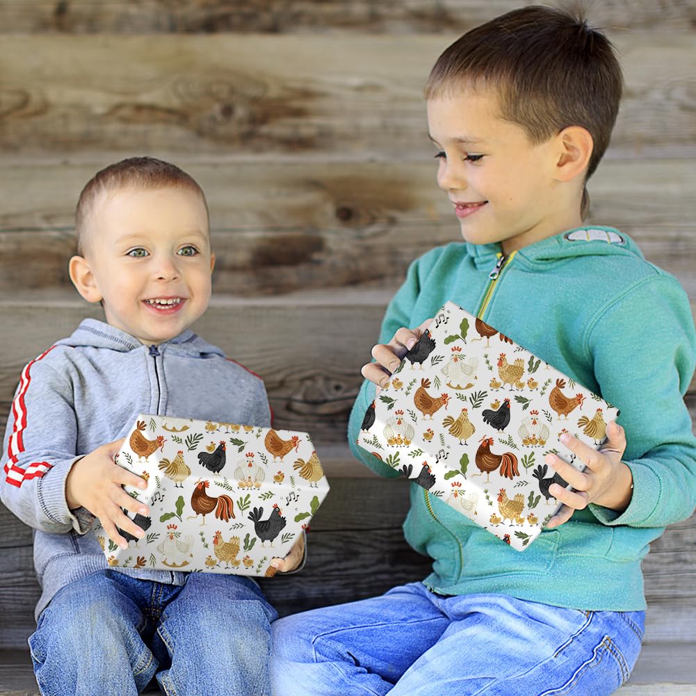 Boerderijdier inpakpapier voor kinderen, meisjes, jongens, landbouwvrienden, haan, kip, kuikenontwerp, cadeaupapier voor verjaardag of babyshower, 4 vellen plat gevouwen