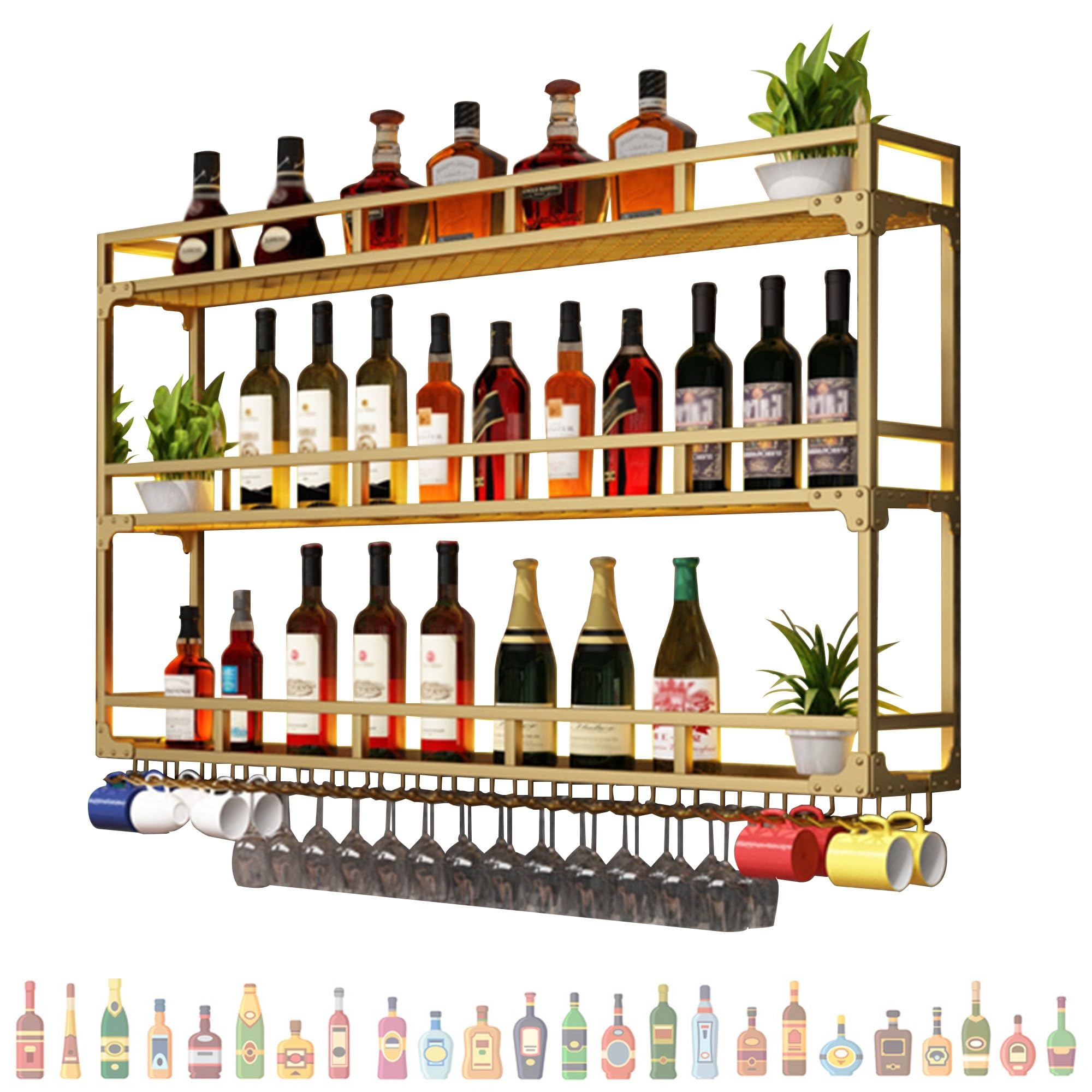 Portabottiglie da parete con luce LED, elegante scaffale per bancone bar, cucina e soggiorno, armadietto moderno per riporre oggetti, dimensioni: 150 x 25 x 90 cm