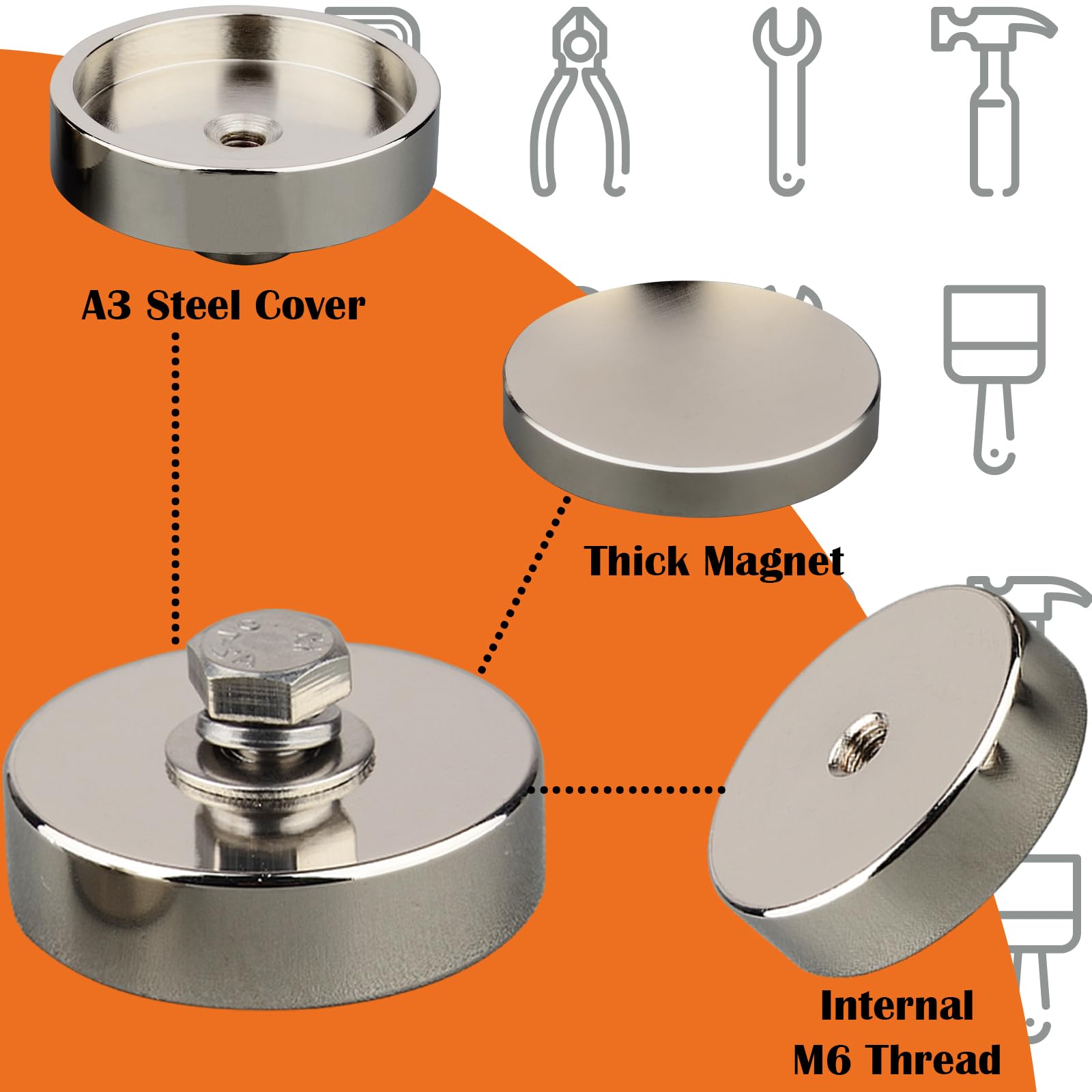 Strong Neodymium Round Magnet with Bolt, 4 PCS Heavy Duty Rare Earth Magnets with M6 Female Thread, Powerful Removable Magnetic Mounting Base for Lighting, Tools, Equipment