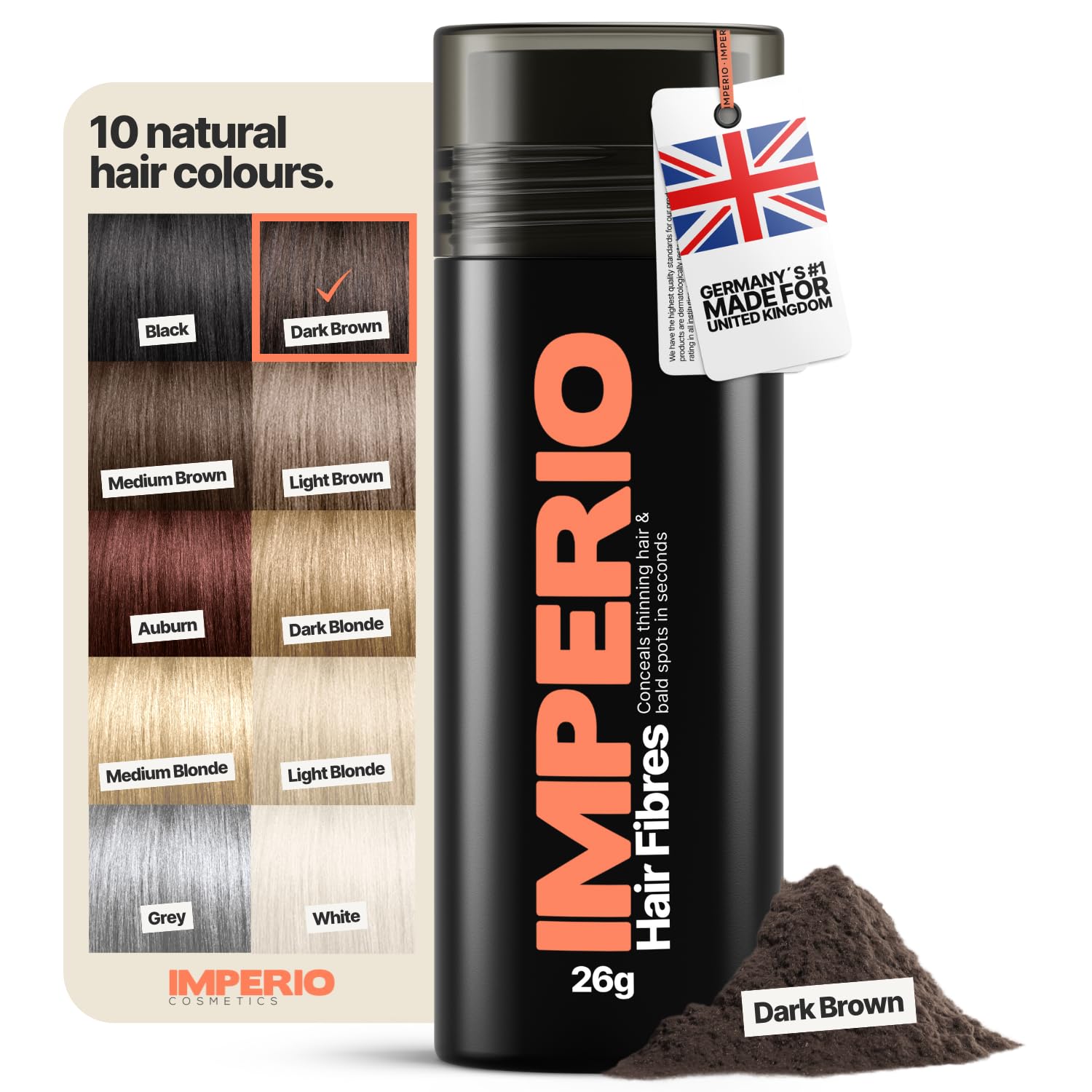 IMPERIO Hair Fibres for Thickening & Full Hair in Seconds. Shake-on hair filler for an Authentic Look. 100% Natural! Premium Salon Quality Hair Building Fibres