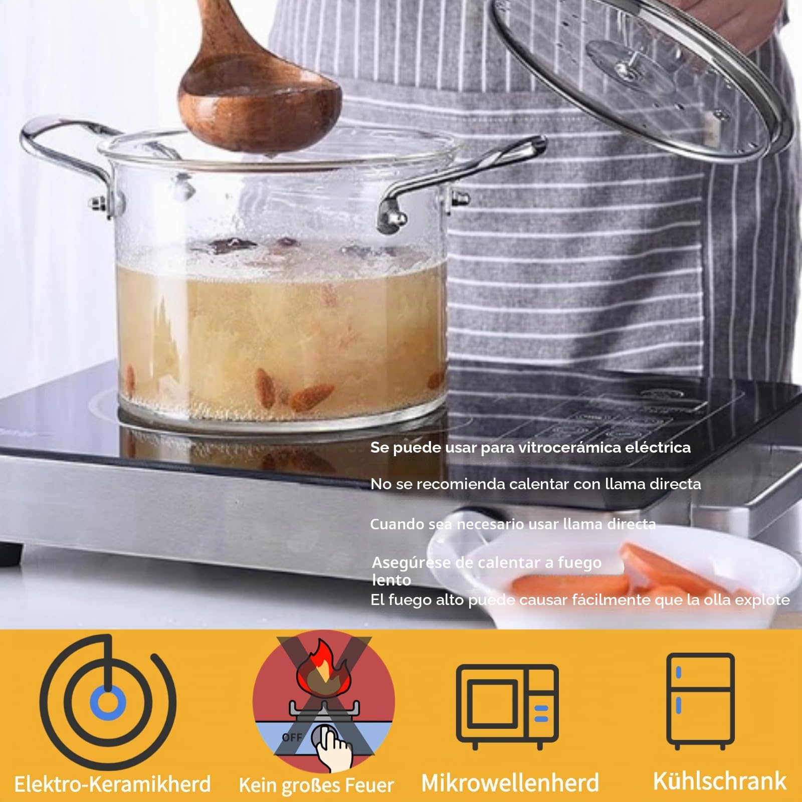 Olla de Vidrio con Tapa, Cacerola de Borosilicato Resistente al Calor para Cocina, con Asas Dobles de Acero Inoxidable, Ideal para Sopa, Leche, Pasta y Más (5.5 L)
