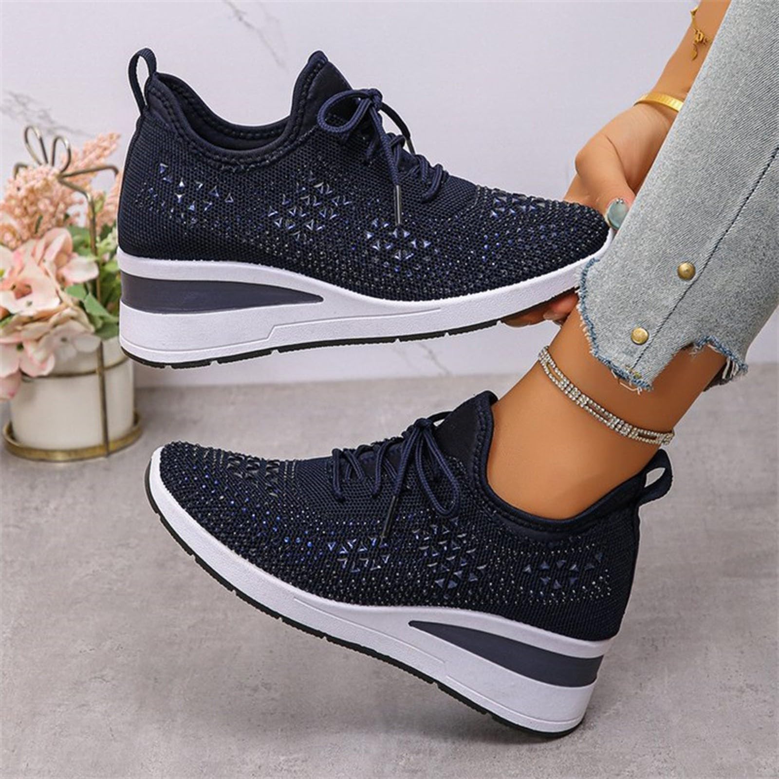 Scarpe da ginnastica da donna con plateau impreziosite con strass e maglia traspirante per abiti casual alla moda, Nero , 39.5 EU