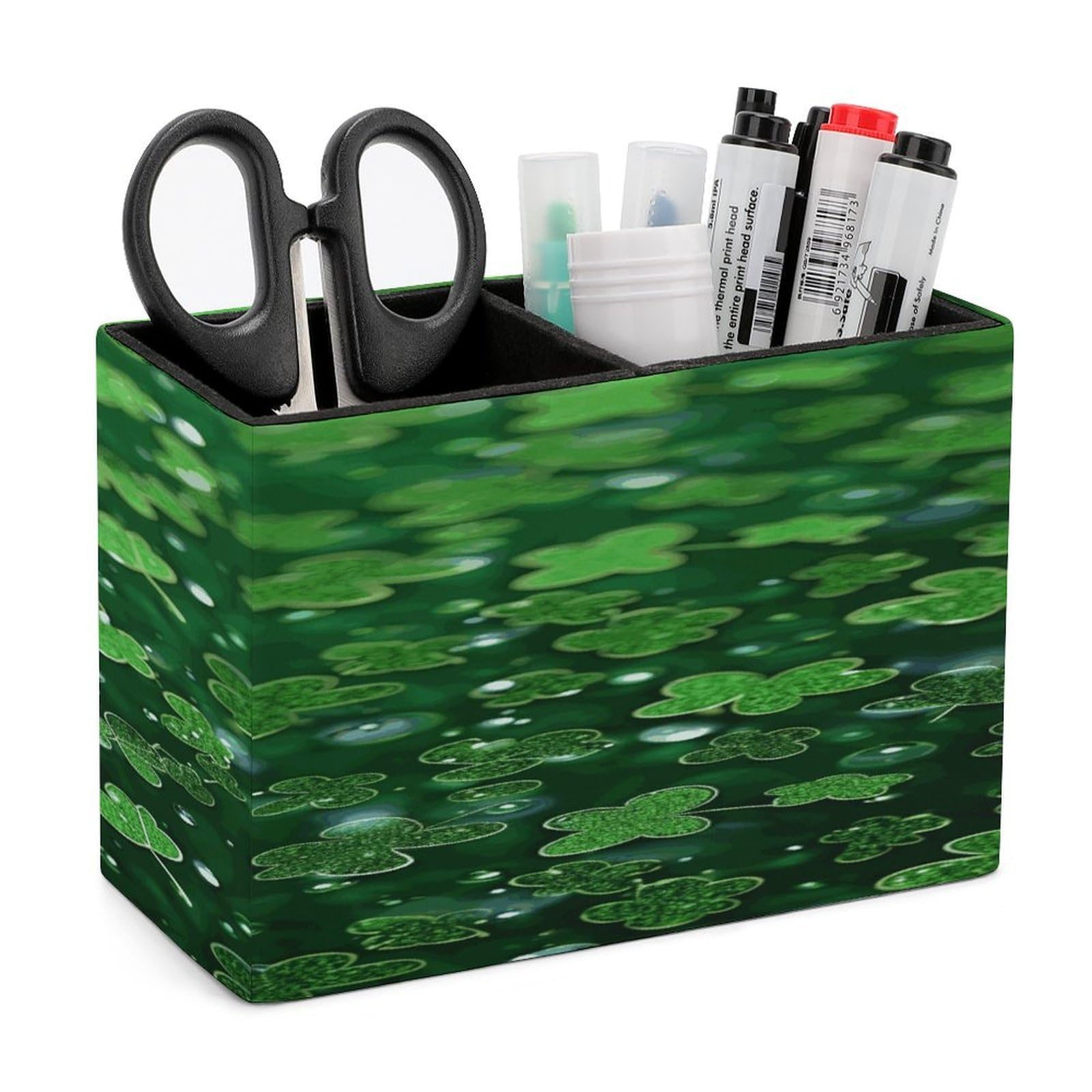 VstaDank Background St Patrick's Day Glitter Pen Holder Double Compartments Pen Cup Fashion Makeup Brush Holders Leather Pencil Holder for Work Locker Accessories Modern Pencil Cup for Desk Organizer