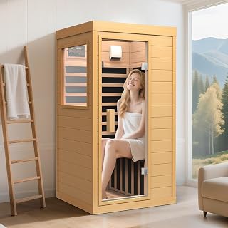 Far Infrared Sauna, Canadian Hemlock Wood Sauna Spa Room for Indoor,1062W 110V Low EMF Saunas with Control Panel and Integrated Speakers, Mini Home Sauna Room for One Person (Wood) - Amazon product rated Grade B