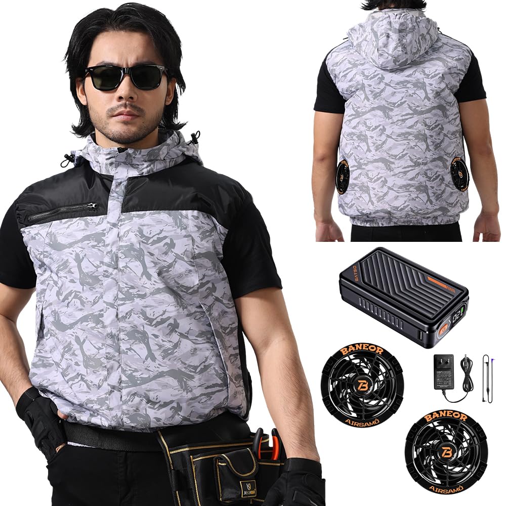 [mobason] 2026革新的な作品 53Vファン付きベスト 46500mAhバッテリー付き 空調付き作業服 UPF 50+紫外線防止 最大14時間連続稼働 7段階風量調節 2種類モード搭載 帽子取り外し可能 PSE認証済 日本語説明書付き
