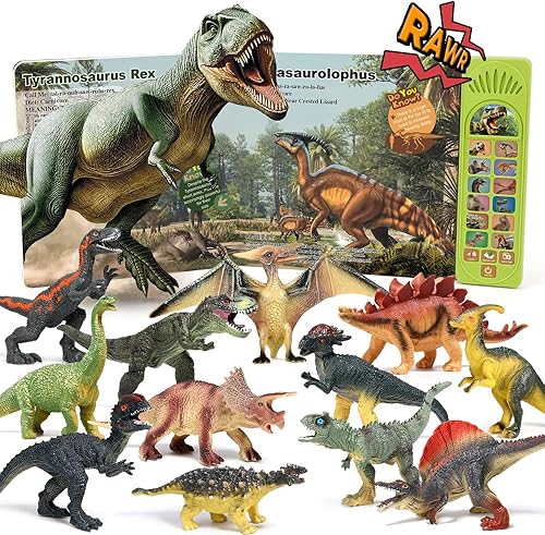 OENUX Juguetes de dinosaurio con libro de sonido interactivo para niños de 3 a 5 años, libro de dinosaurios con sonido y 12 figuras de dinosaurios