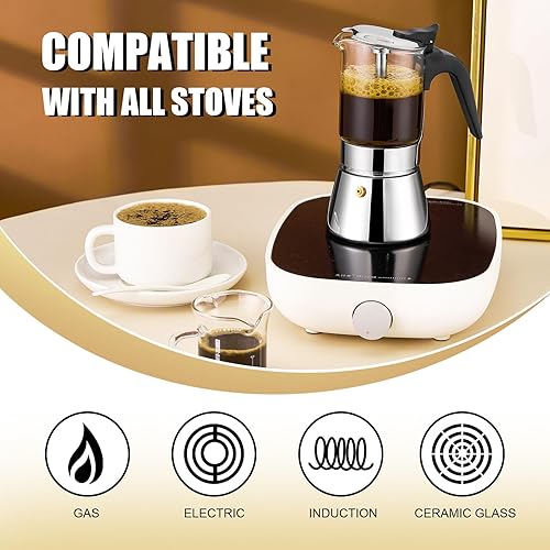Miniatura 6 de YOLIFE Estufa superior de cristal de alta calidad con válvula de presión, cafetera de acero inoxidable de 4 tazas de 5.4 fl oz5.6 oz