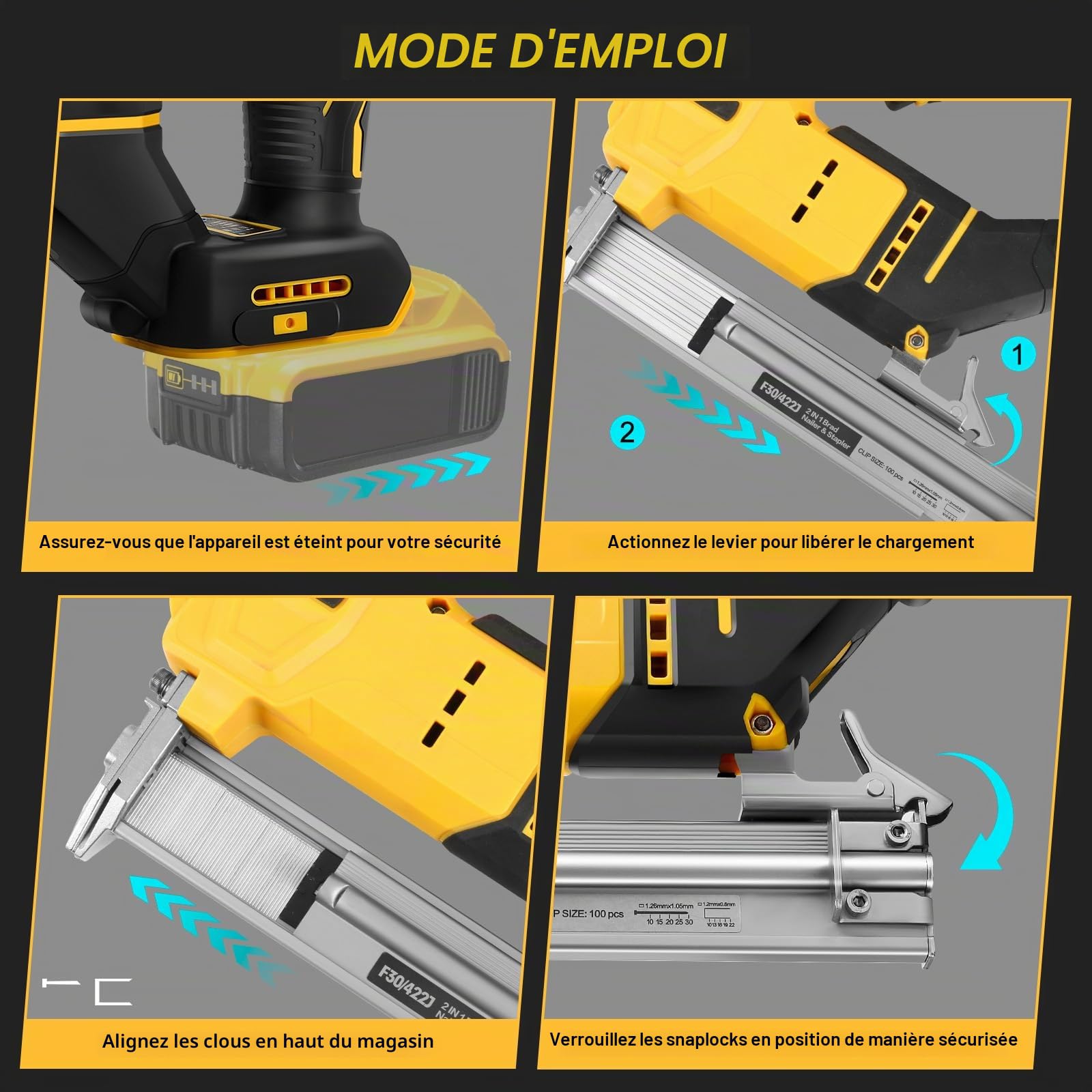 Cloueuse brad sans fil pour Dewalt 20V (sans batterie) | Agrafeuse électrique, 18GA, sans balais, 500 clous, 500 agrafes, 2 modes, pistolet à clouer sans fil, pour tissus, bois