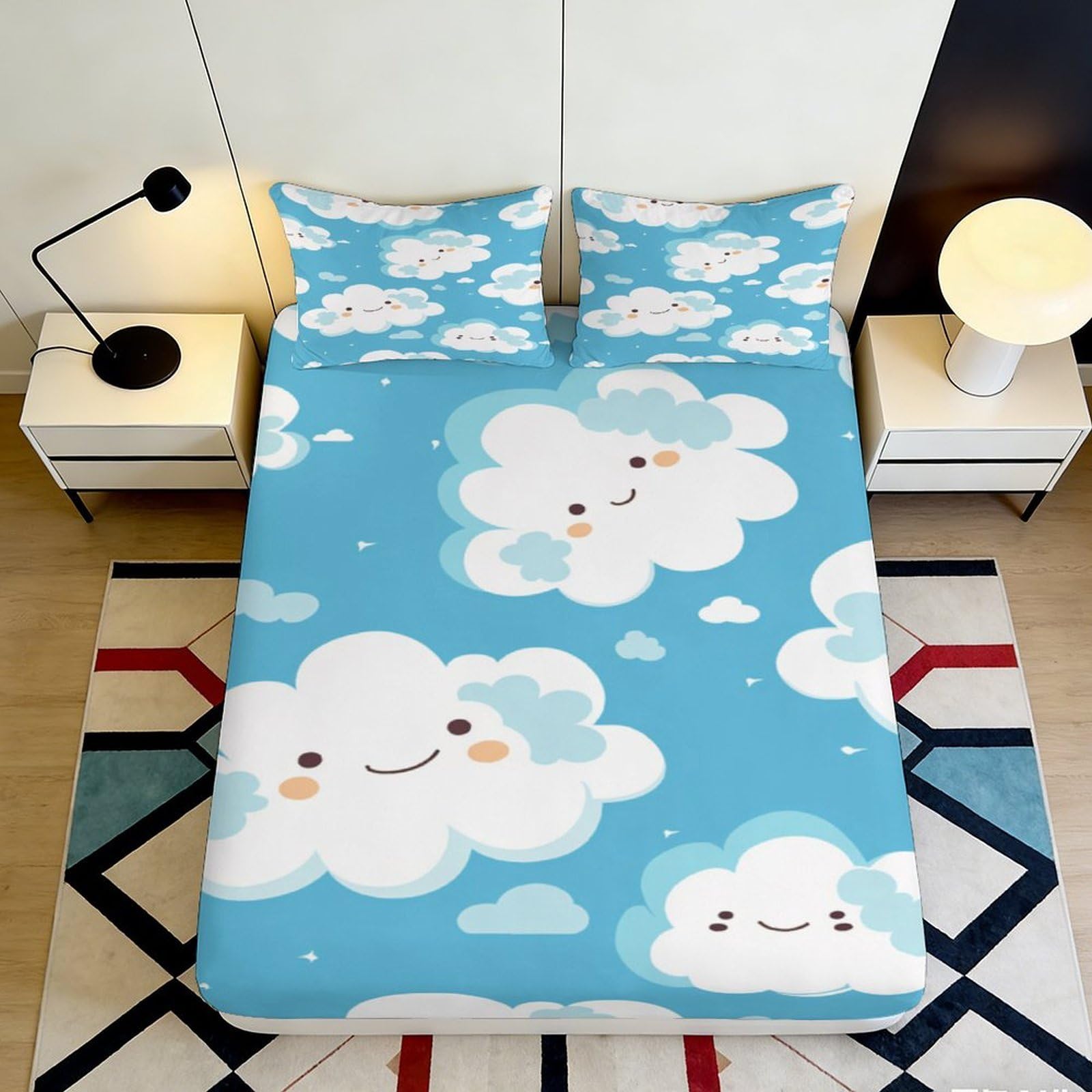 3D Printed Cute Cloud Fitted Sheet Microfiber Soft Breathable Smiling Clouds Bed Cover for Bedroom Dormitory Guest Room Mattress Protection Decor 140x200x25cm