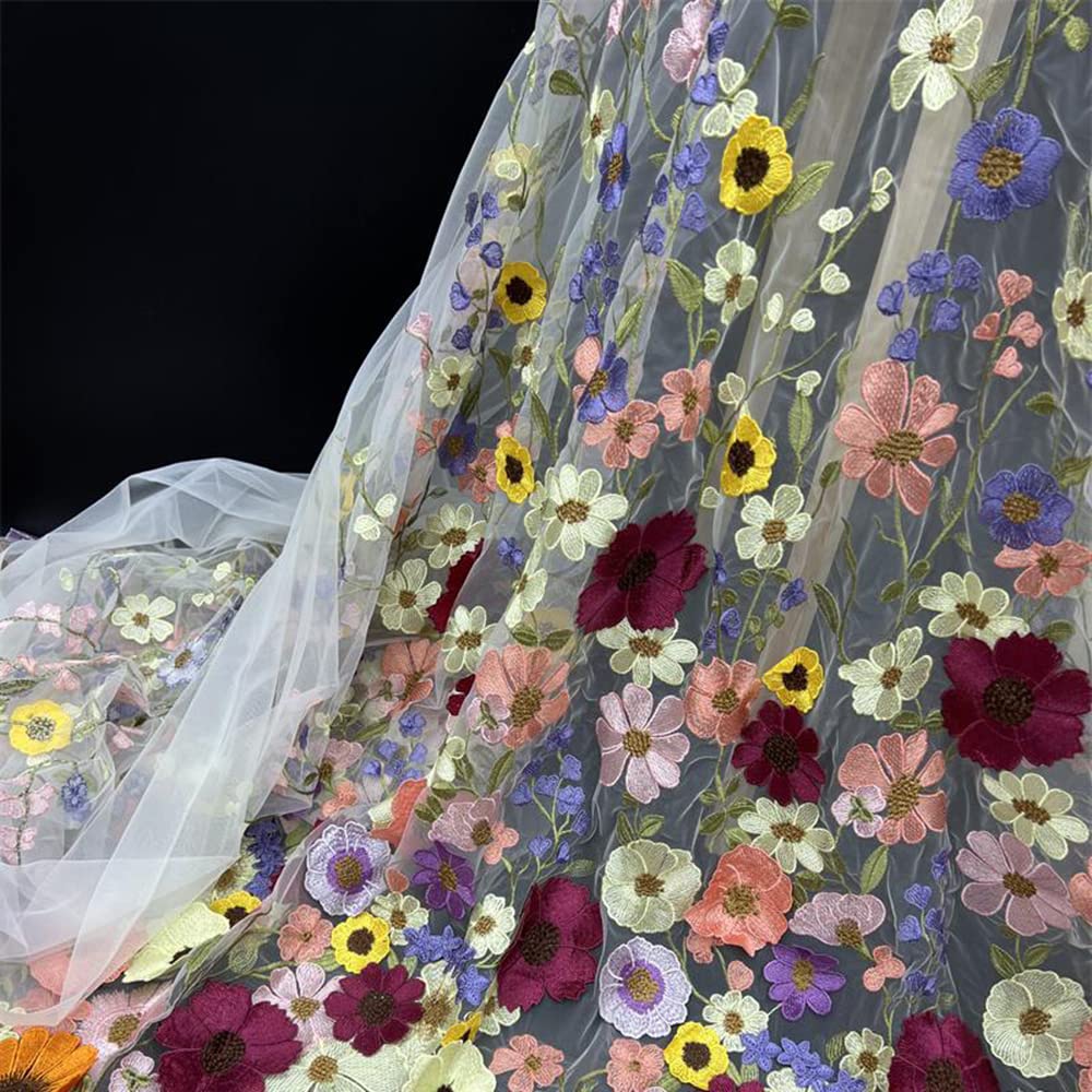 Tessuto Pizzo Ricamato Con Fiori 3D E Quadrifogli - 1 Yard Per Cucito, Vestiti, Decorazione - Foto 6