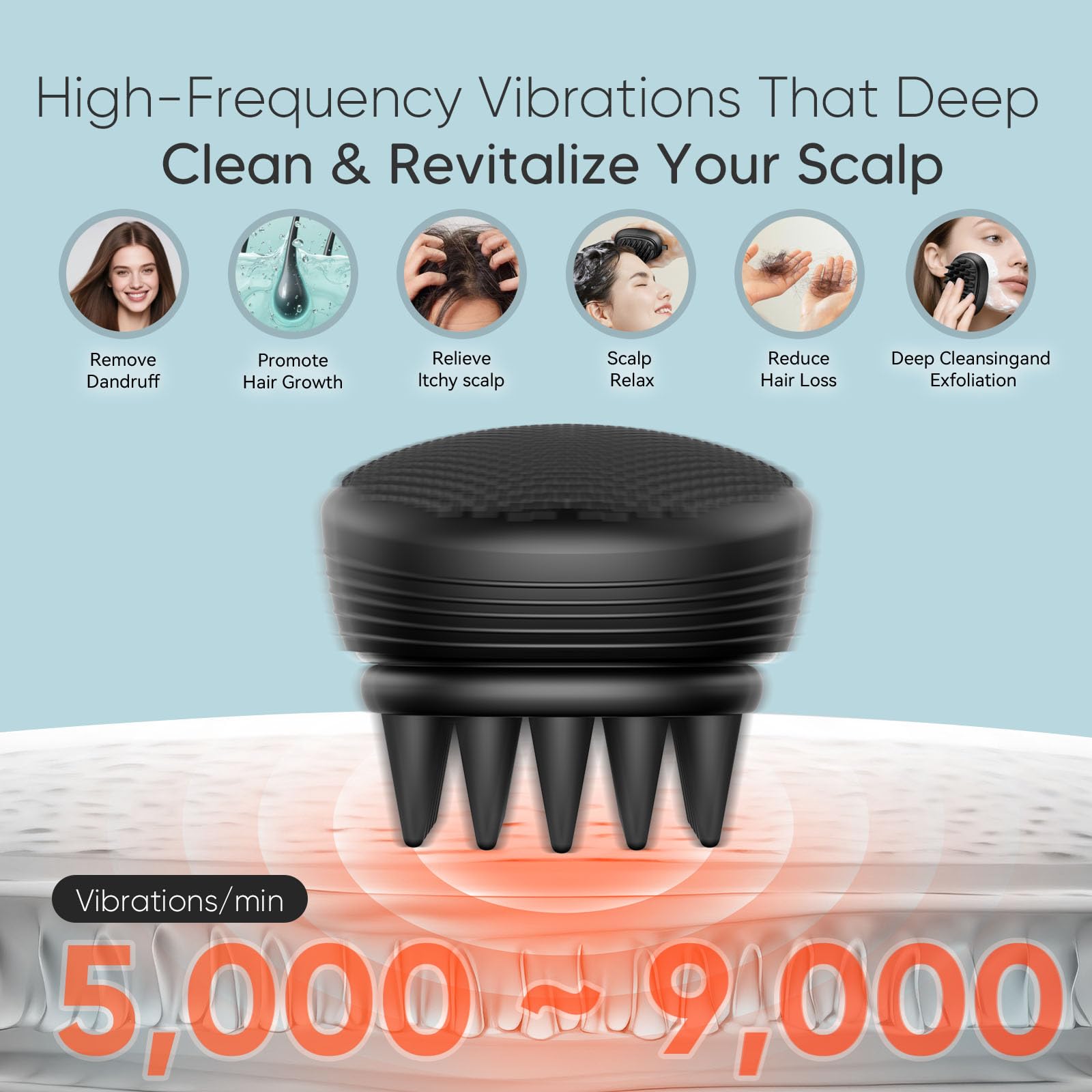 EKZ Cepillo de champú masajeador vibrador sónico: limpiador eléctrico de silicona para limpieza profunda del cuero cabelludo, eliminación de caspa, exfoliación, alivio del estrés y crecimiento del