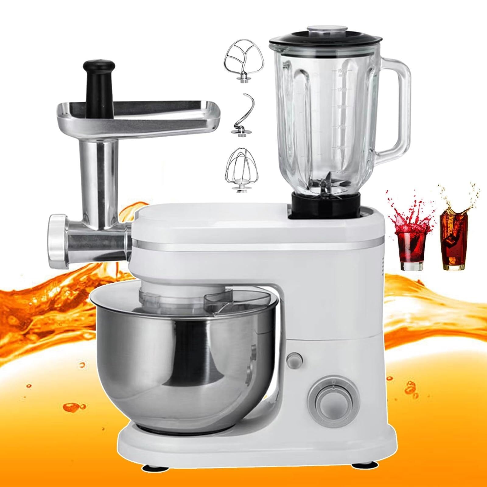 Stainless steel bowl stand food mixer, stand mixer food processor, 8 speed adjustable electric cooking machine for making pasta, juice vegetable juice(White)