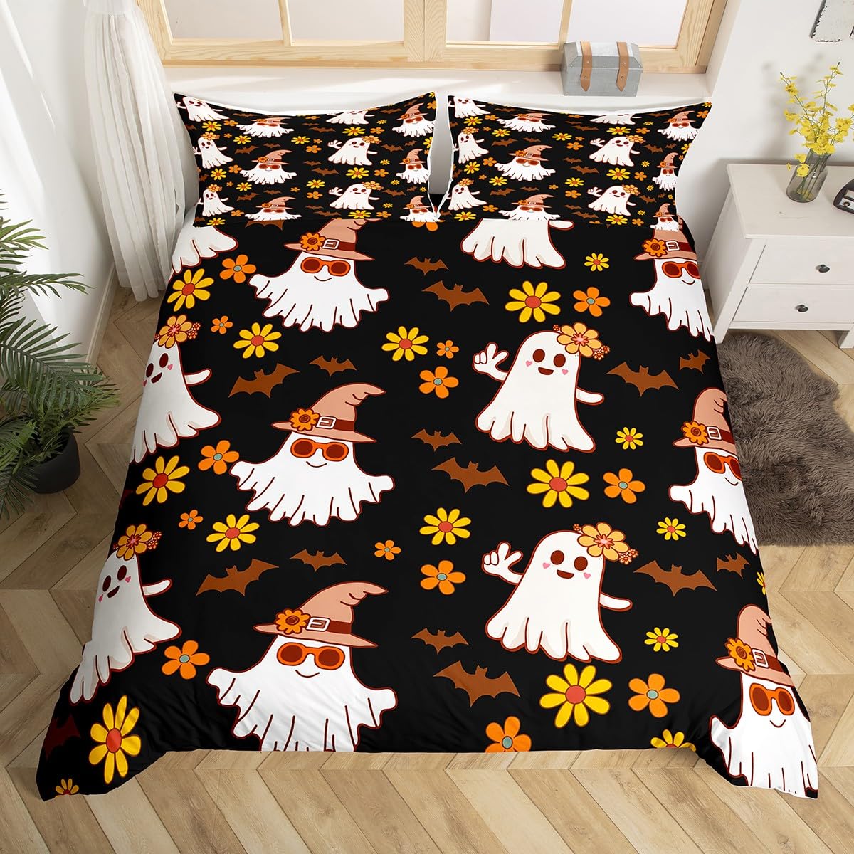 Housse de couette fantômes d'Halloween : parure de lit légère anti-transpiration
