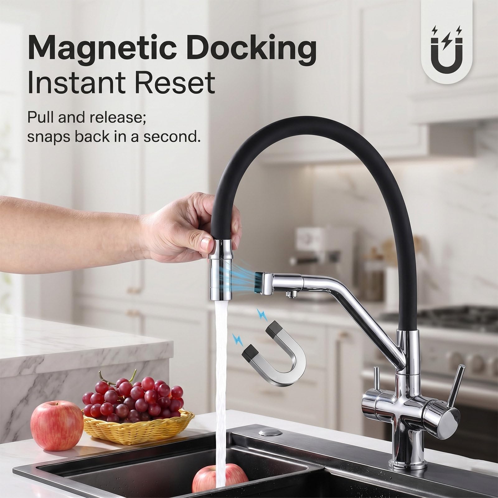 Grifo de Cocina con Ducha Extraíble, Grifos Cocina de Latón con 2 Modos de Chorro, Fregadero Mezclador Giratorio 360° Agua Fría y Caliente con Tubos, Kit de Instalación Completo