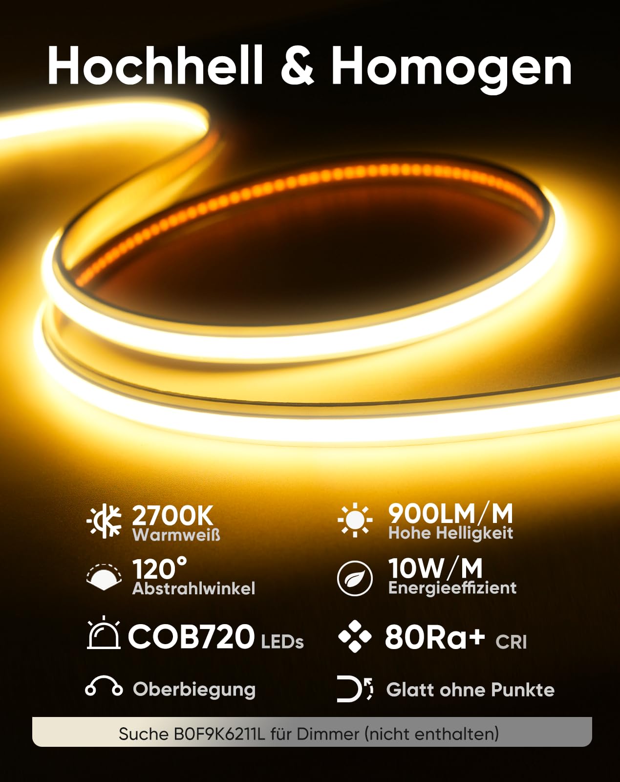 Striscia LED COB Neon AC 230 V, luce bianca calda, 3 m