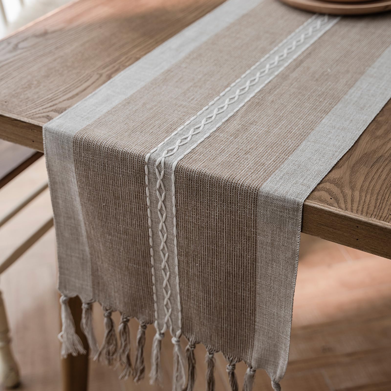 Niviy Chemin de Table brodé à Rayures tressées de Style bohème - Décoration de Table Basse en Coton et Lin - Décoration de Table pour fête de Vacances - 30,5 x 274,3 cm