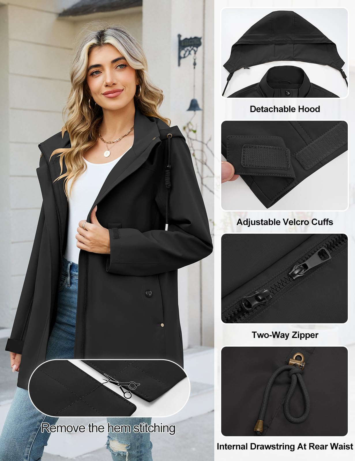 CMTOP Giacca Donna Softshell Impermeabile Antivento, Giacca Mezza Stagione Lungo con Tasche, Primavera Autunno Outdoor Parka Cappotto, Giacche Giubbotto con Cappuccio Removibile