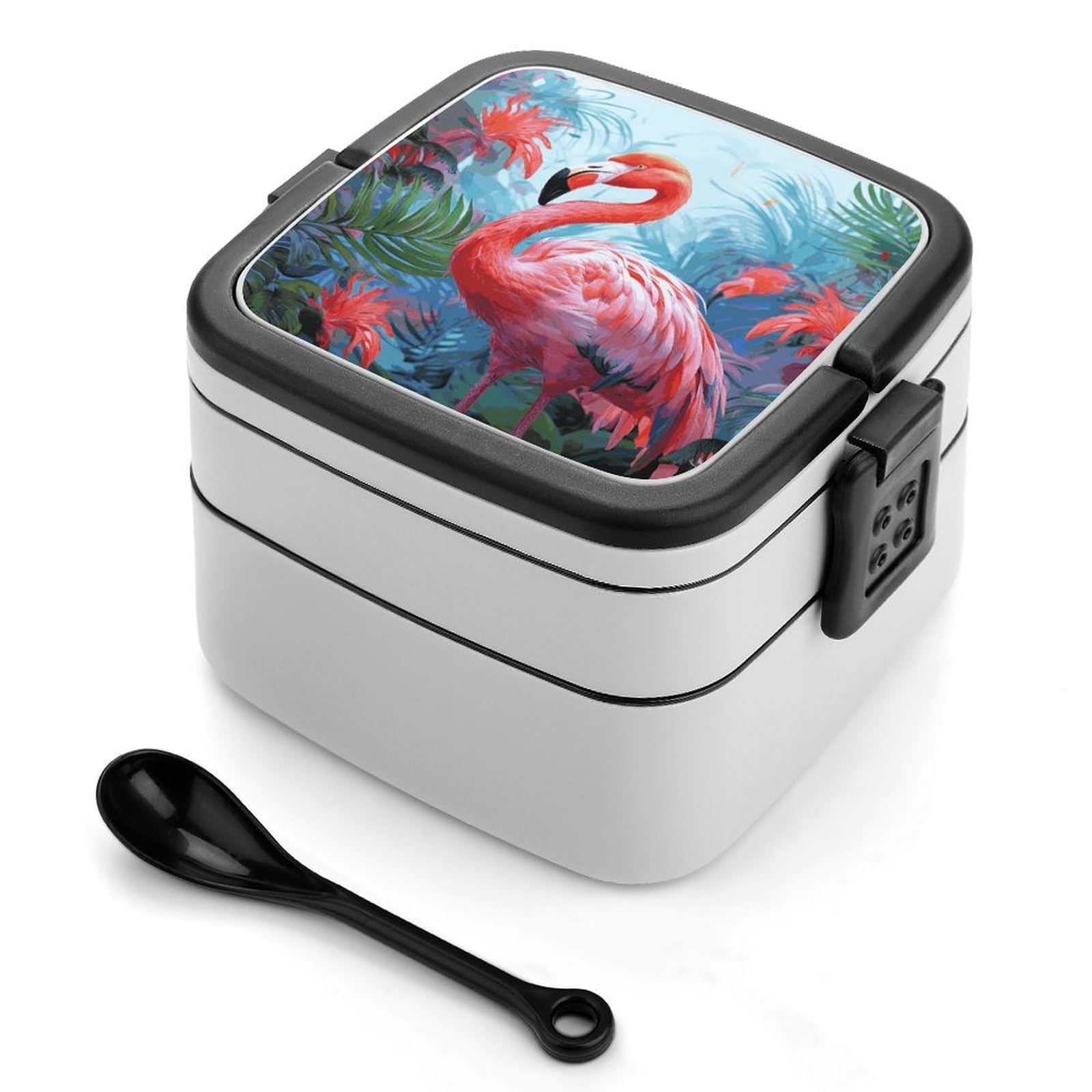 FekiLoot Painted Flamingo Bento Box Adult Lunch Box Sealed Bento Lunch Boxes with Spoon Sturdy Double Layer Bento Boxes Snap-on Design Leak Proof Lunch Containers Ideal for Work