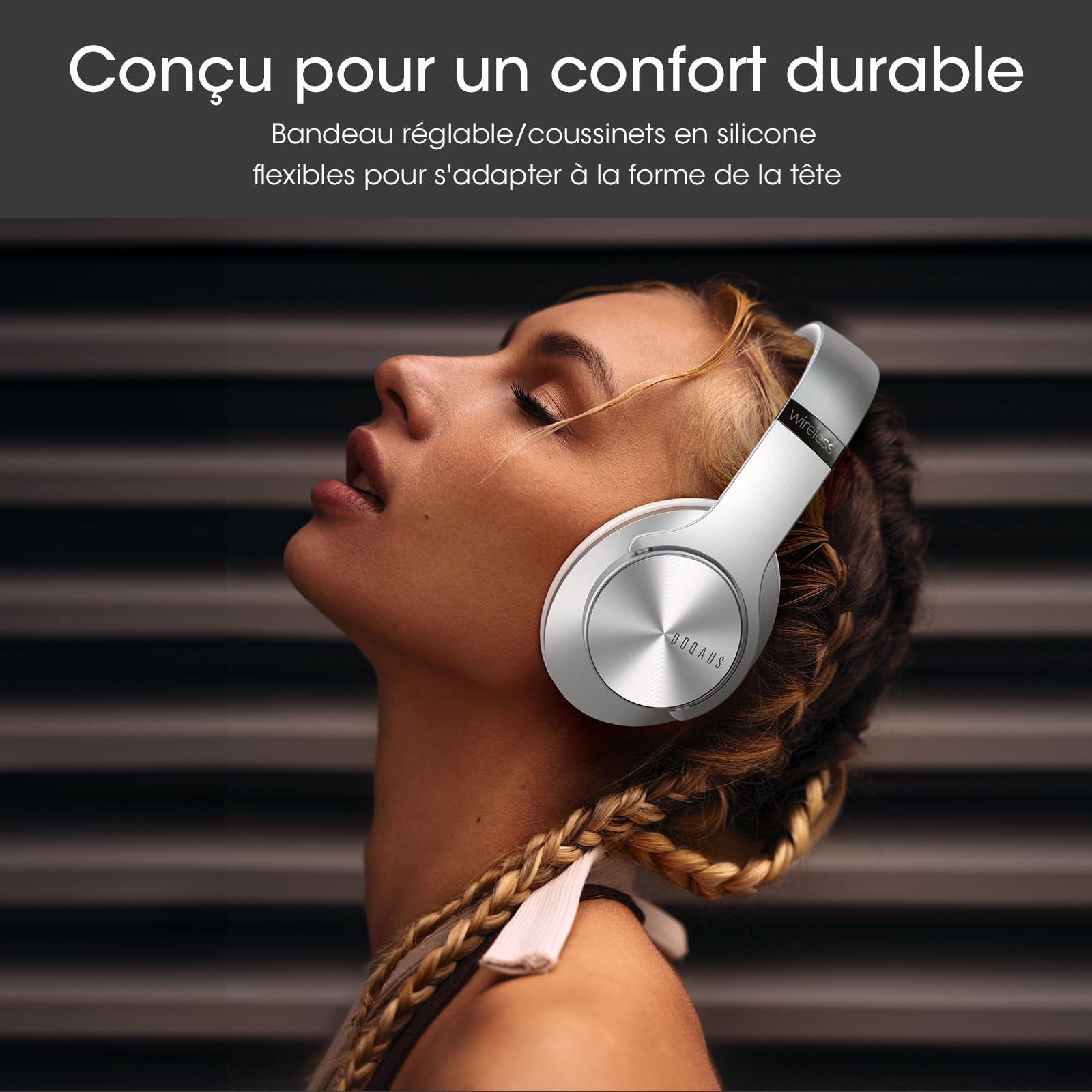 DOQAUS Casque Bluetooth sans fil avec Application,Argenté