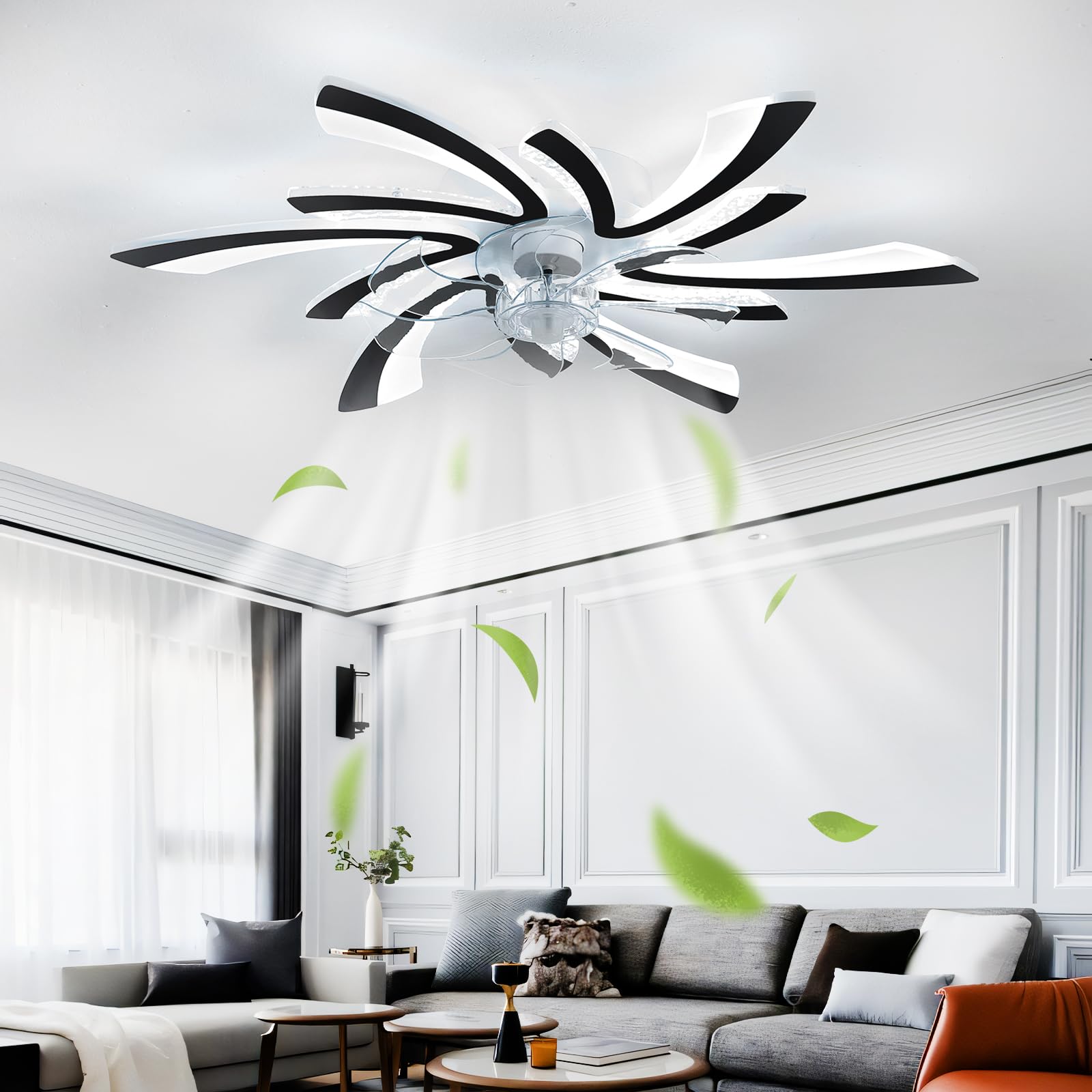 SXDMOUBK Modern LED Ceiling Fans with Lights Dimmable Silent DC Fan Light Ceiling Reversible Timer Bedroom Living Room Ceiling Fans with Lamps Smart Remote Control APP-Black