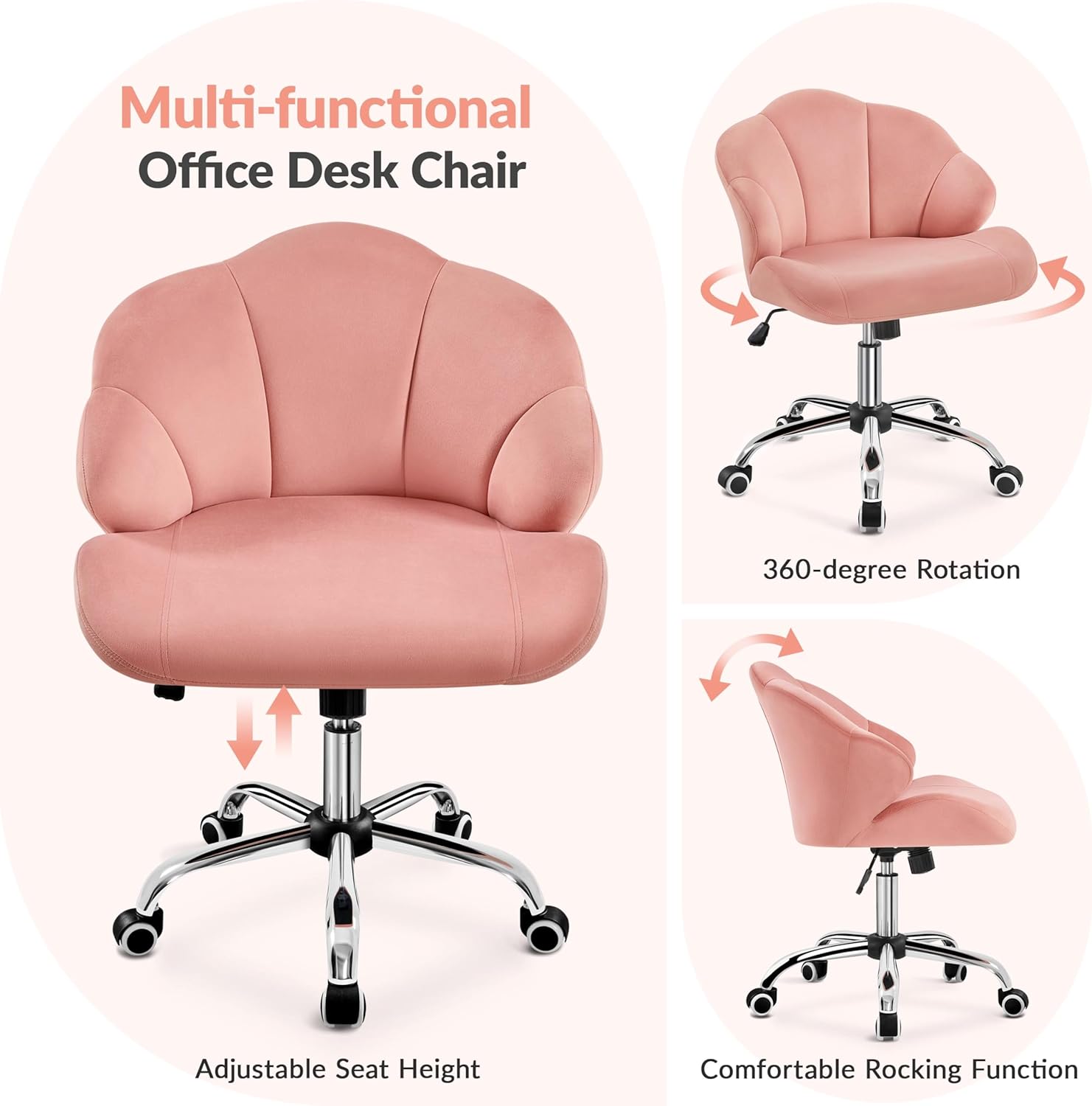 Multi-functional features of the chair: 360-degree rotation, adjustable seat height, and rocking function.