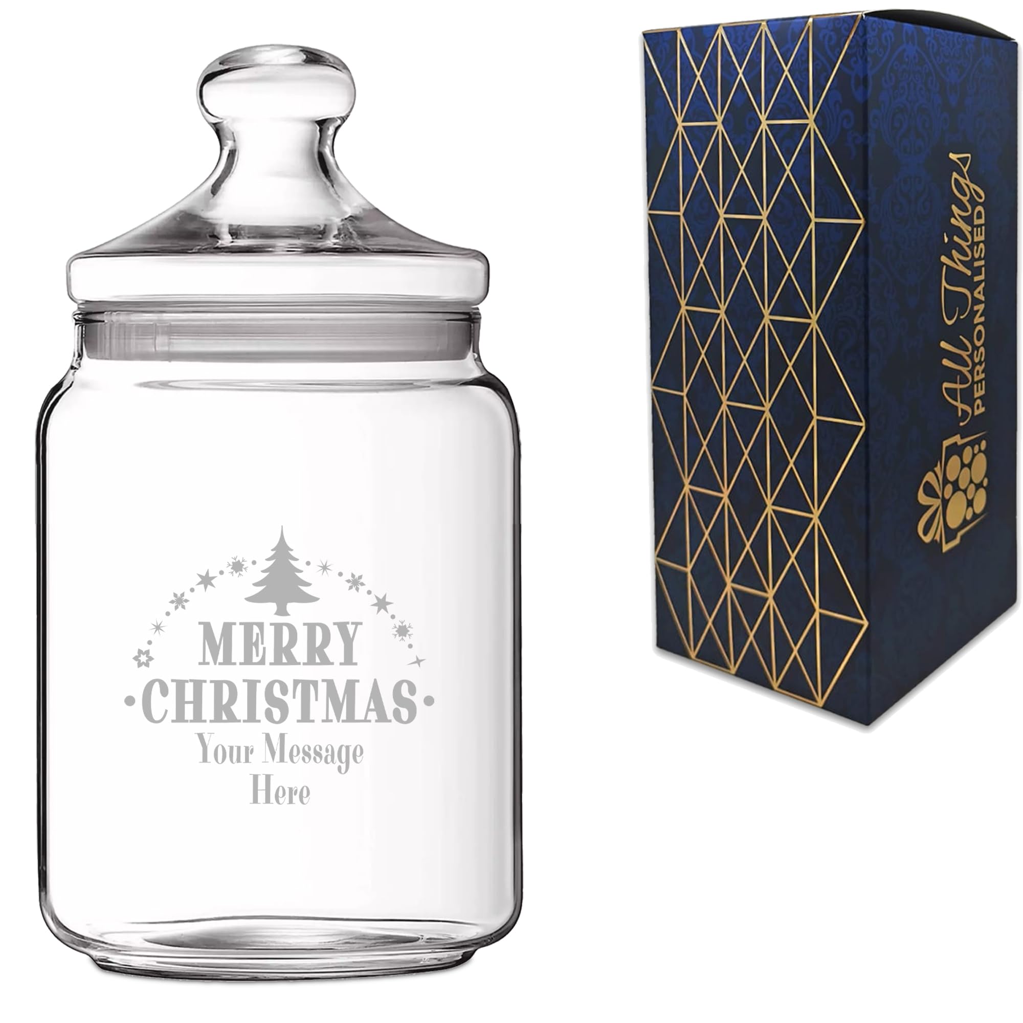 Personalised 1 Litre Glass Sweets Biscuits Jar with Merry Christmas Design, Custom Laser Engraved Treat Jar with Lid, Personalised Christmas Gift for Him and Her, Gift Box Included