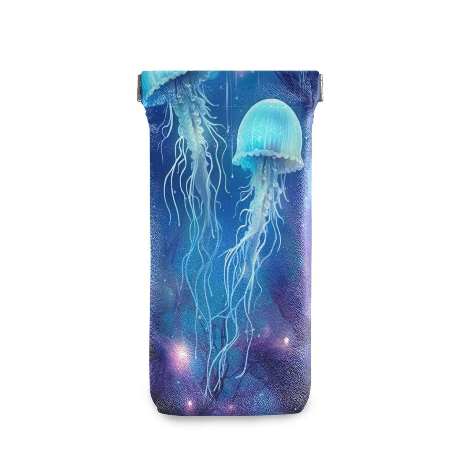 FLildon Glowing Jellyfish Eyeglasses Pouch Squeeze Top Sunglasses Case Soft PU Leather Eyeglass Bag for Men Women