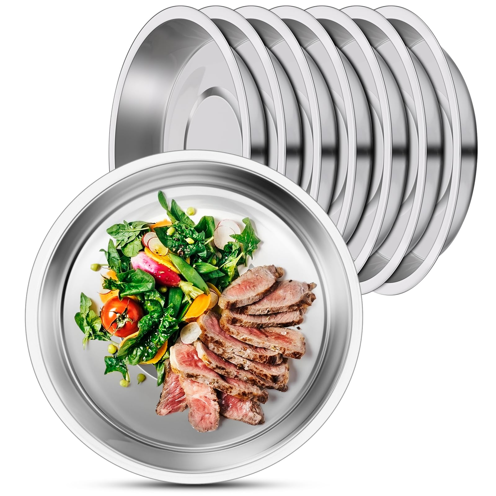 Deep Metal Dinner Plate, 8 Pack 10.2 inch 304(18/8) Stainless Steel Plates, Reusable lunch salad Pizza Food Serving Snack Eating Dishes Round Shatterproof Plate Silver Dinnerware Oven Safe