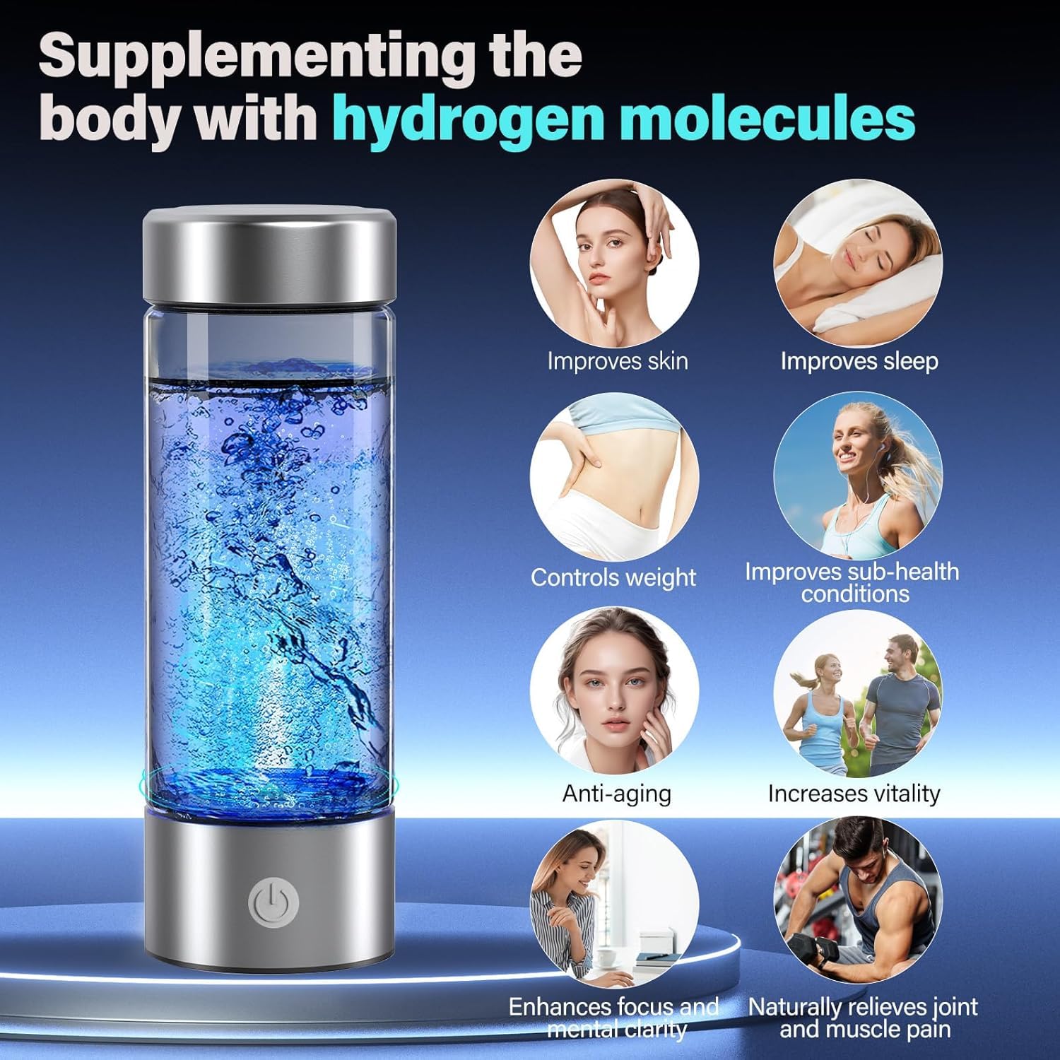 14 oz Portable Hydrogen Water Bottle Generator with PEM-SPE Technology, USB Rechargeable Hydrogen Water Ionizer Cup, Produces up to 3000 ppb Hydrogen in 3 Minutes for Home, Gym, Office & Travel