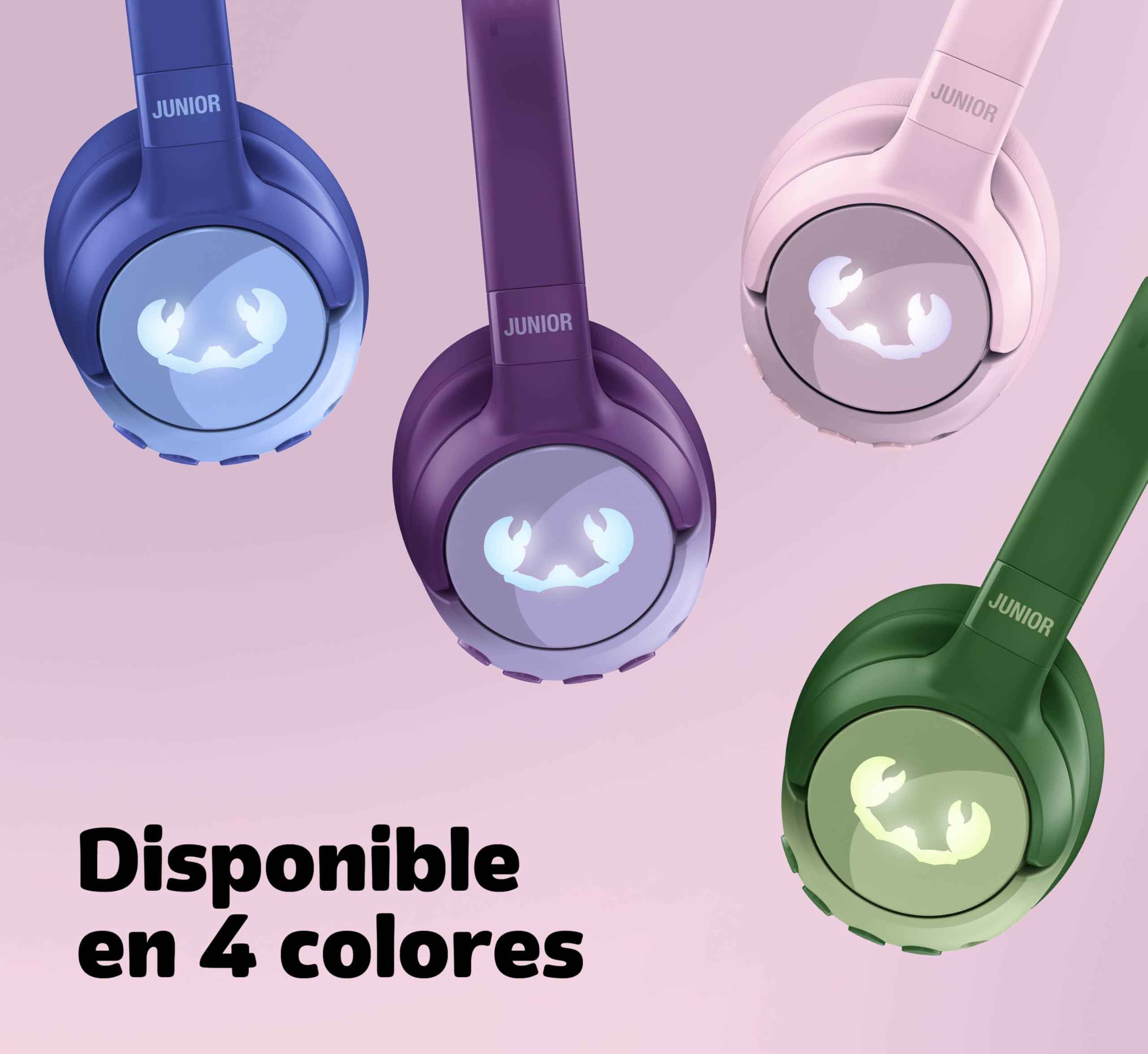Fresh 'n Rebel Clam Junior, Auriculares Bluetooth para Niños con Cancelación Activa del Ruido, Sonido Seguro (<85dB), con Cable de Audio y Pegatinas, Efecto de LED. 60h de reproducción (Dizzy Donut)