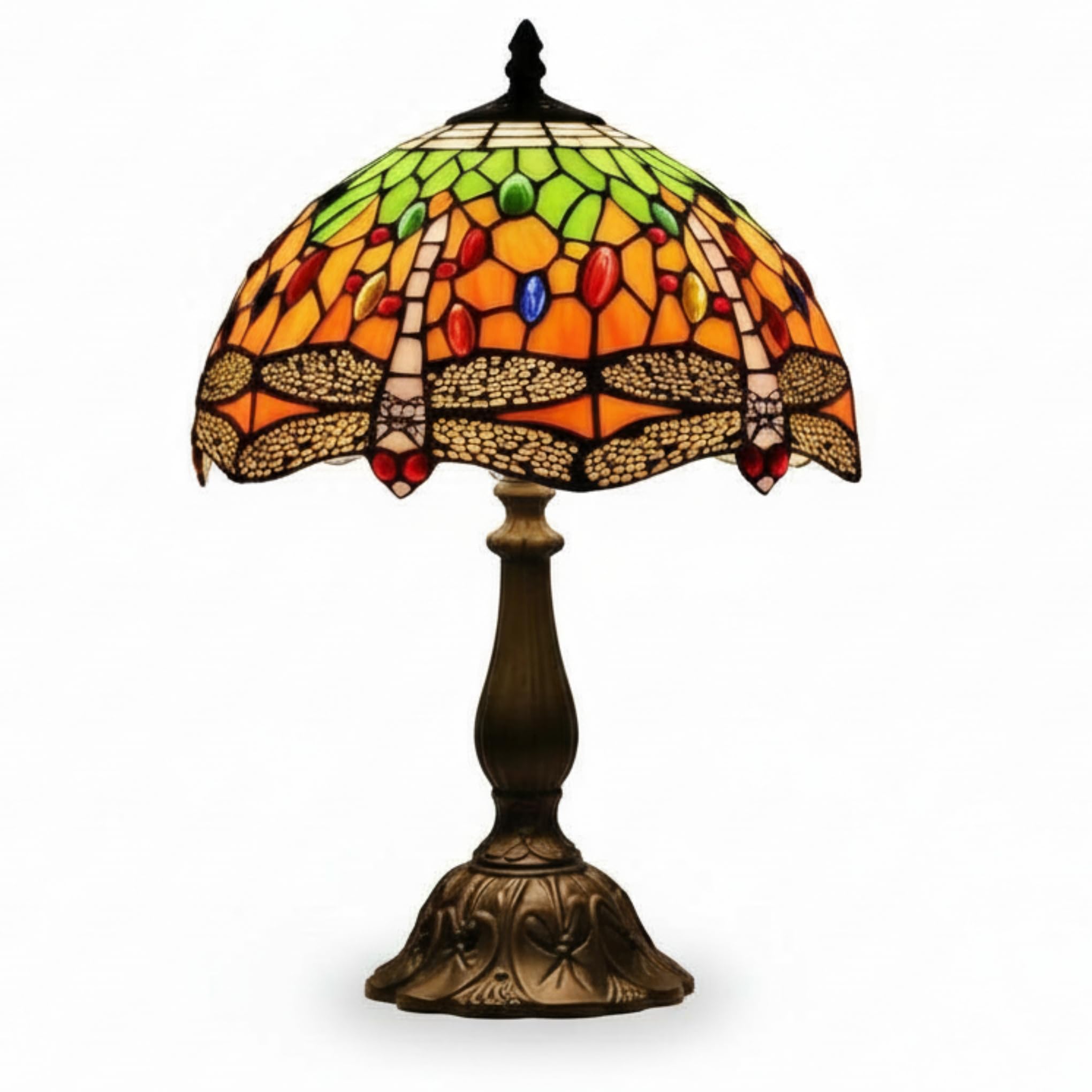 Loxton Lighting Tiffany Dragonfly Table Lamp – Handcrafted Stained Glass Shade, Vintage Art Nouveau Bedside Lamp with Warm Ambient Light, 30cm Shade, E27 LED Compatible