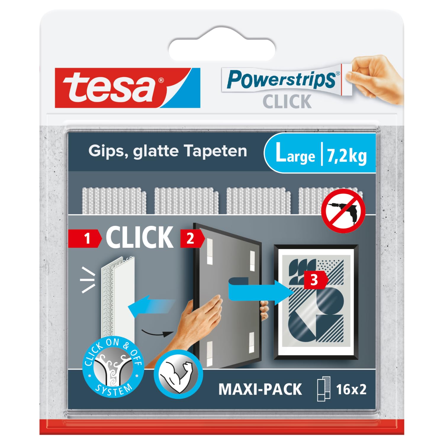 tesa Powerstrips CLICK - Tiras Adhesivas para Colgar y Descolgar Marcos de Fotos y Decoraciones sin Taladrar - Almohadillas Autoadhesivas con Sistema de Clic ON y OFF - Grandes - 16 x 2 Unidades