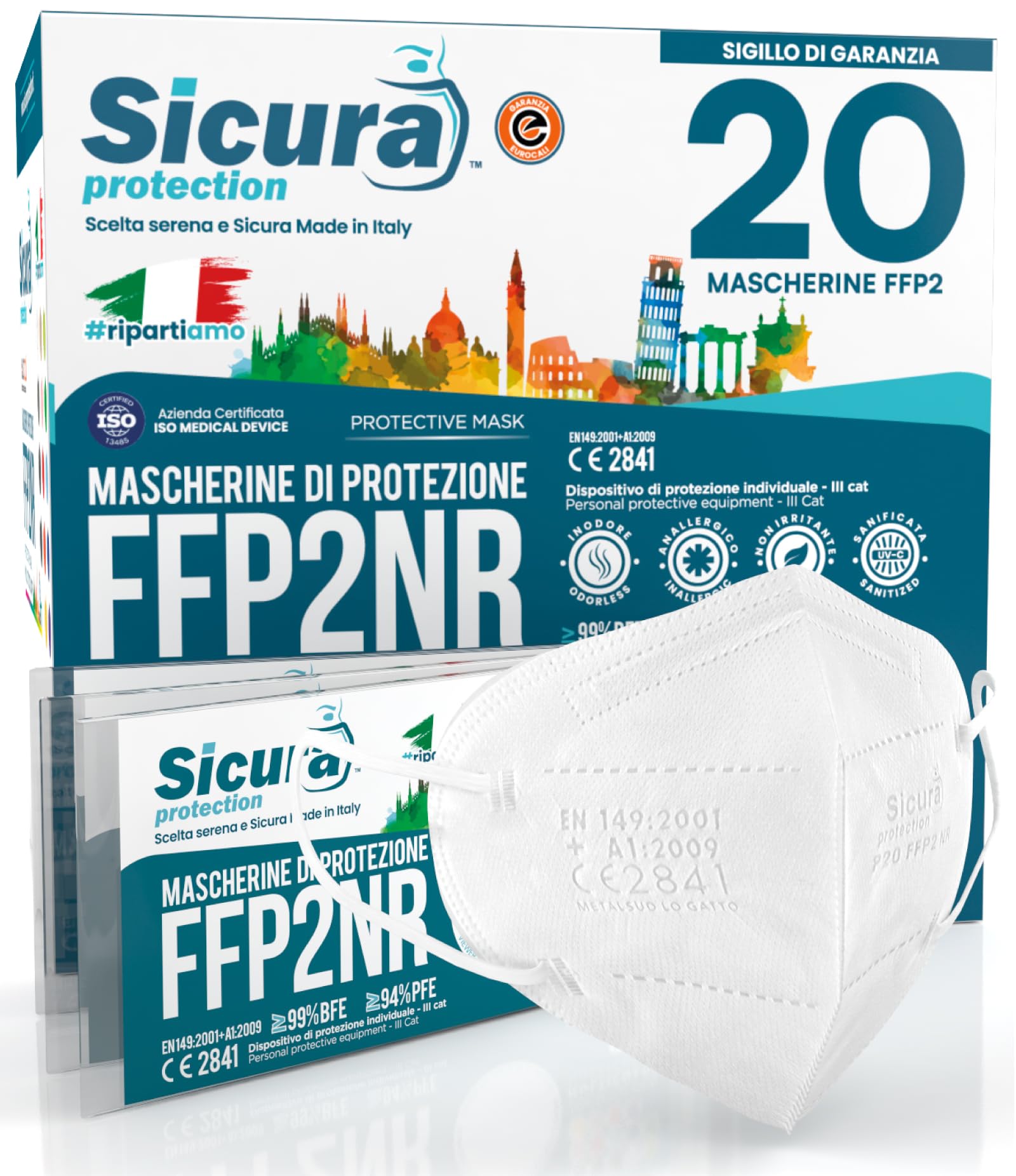 Mascherine FFP2 Certificate BIANCHE SICURA - Made In Italy, BFE ≥99%, Confezione Da 20 Pezzi - Foto 10