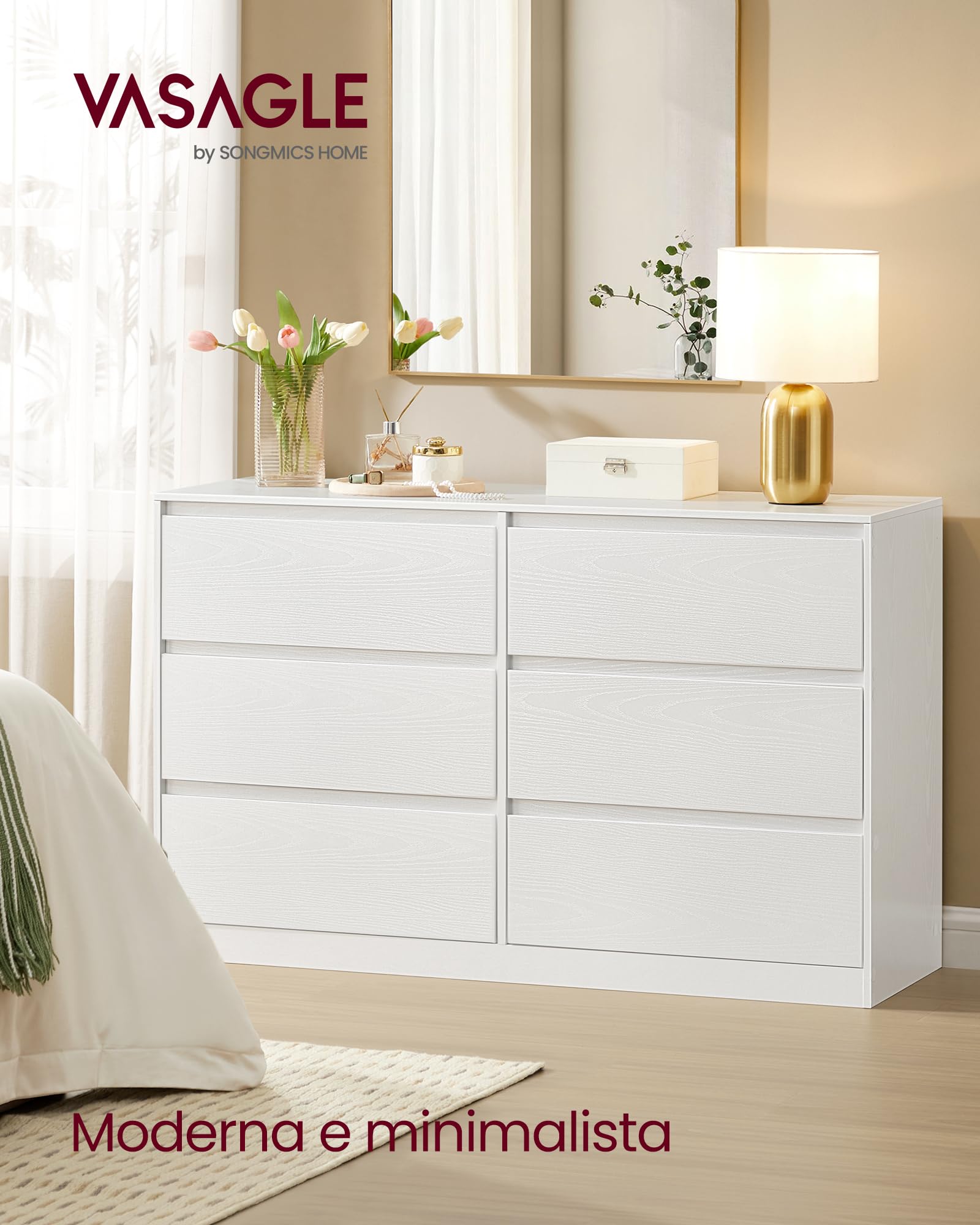 VASAGLE KAILYN Collezione - Cassettiera con 6 Cassetti, Comò Mobile con Cassetti, Porta Abiti, 40 x 119,4 x 75 cm, Stile Moderno, Bianco Neve LTS616W01