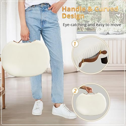 Miniatura 5 de LUE BONA Taburete pequeño curvado con asa, reposapiés de terciopelo beige y otomanos, moderno reposapiés con patas de madera, taburete con asiento