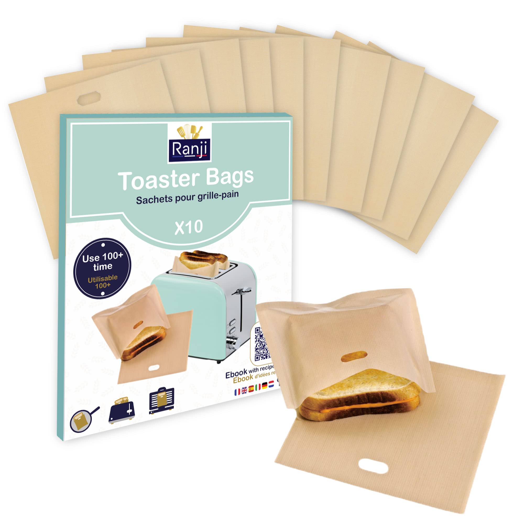 RANJI® 10x Torba do tostera wielokrotnego użytku - Torby do tostera na kanapki, angielskie muffiny - Toster, piekarnik, maszyna do panini - Wielokrotnego użytku 100 razy - Torba do tostera