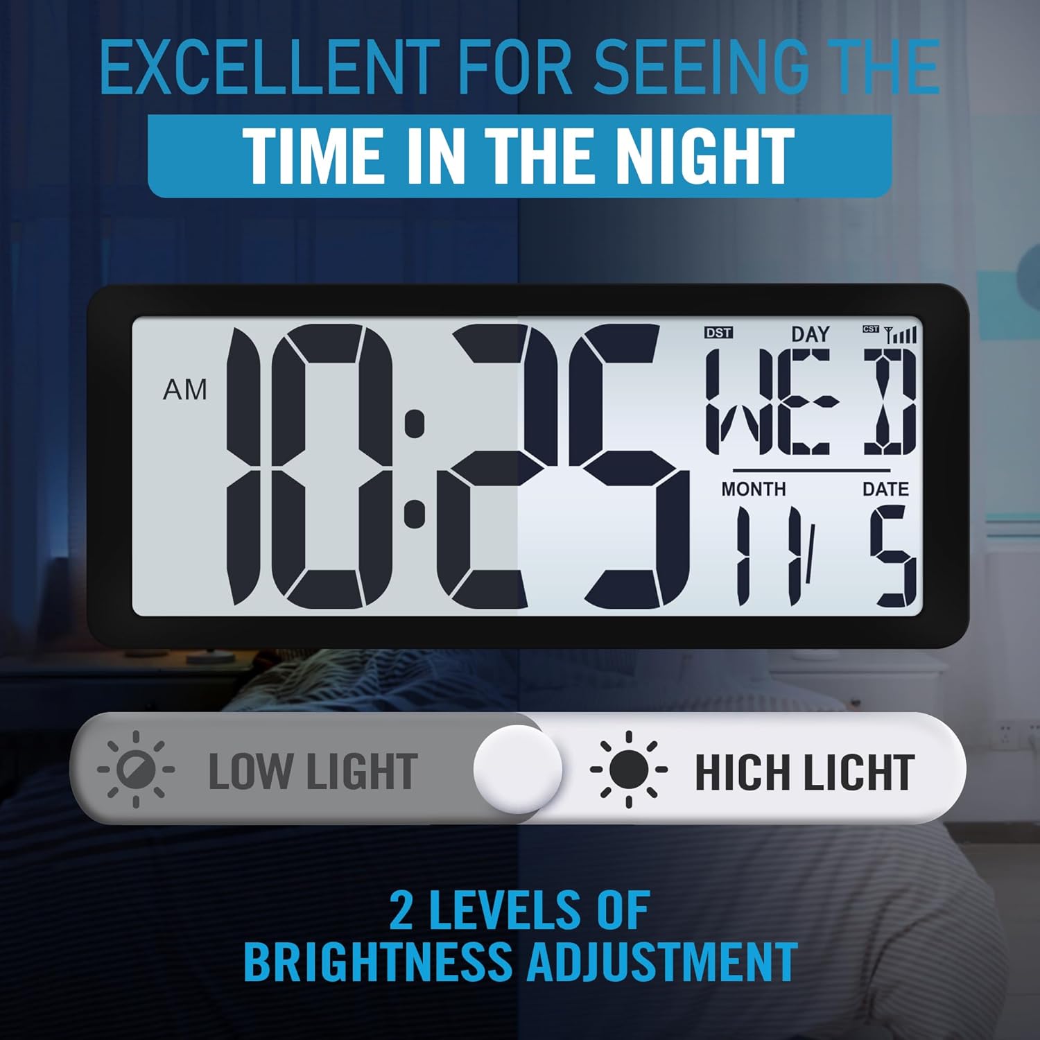 4.6" Numbers Display Built-in Rechargeable Power 15" Atomic Black Wall Clock -Night Display-Never Needs Setting!-Easy to Read Numbers-Never Need Replace Battery