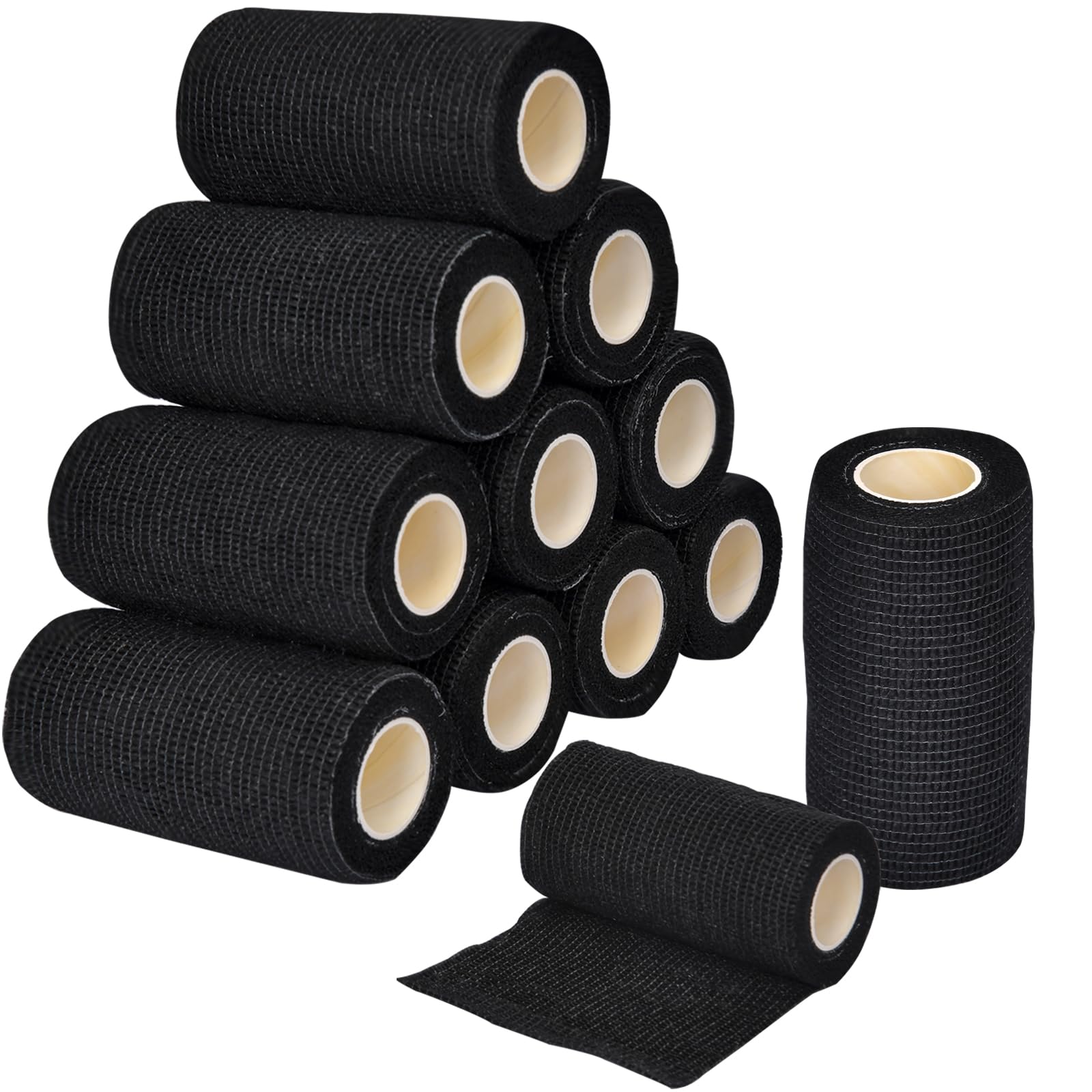 12 Rotoli Benda Elastica Autoadesiva, Traspirante Bendaggio Coesivo,Bendaggio per Animali Domestici Garza Autoadesiva Bende Motivo a Wrap Tape per Piedi,Braccia(Nero 10cm x 4.5m)