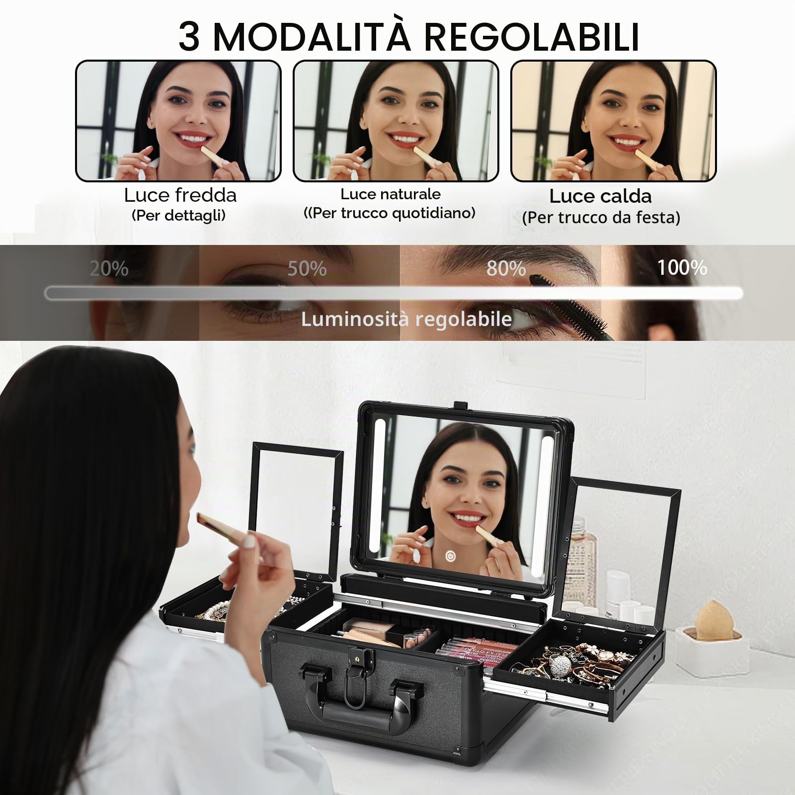 Custodia per trucco da viaggio con specchio a LED Vanity Case con specchio Custodia per trucco Scatola per trucco Divisori regolabili Vassoi pieghevoli per la conservazione dei gioielli, Nero opaco