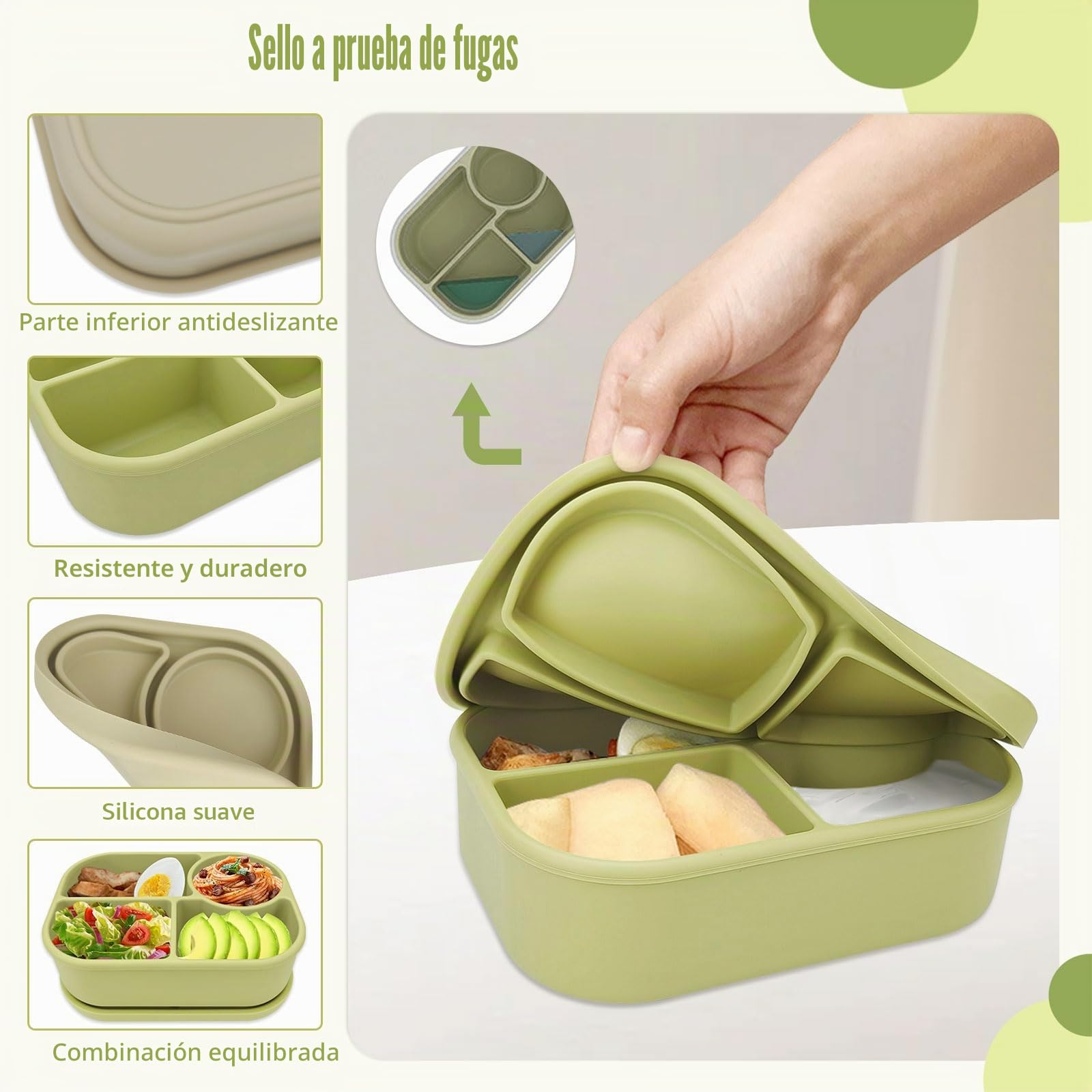LELE LIFE Paquete de 2 cajas bento de silicona, contenedor de almuerzo hermético de 4 compartimentos, contenedores de almacenamiento de alimentos divididos de 850ml para preparación de meriendas y