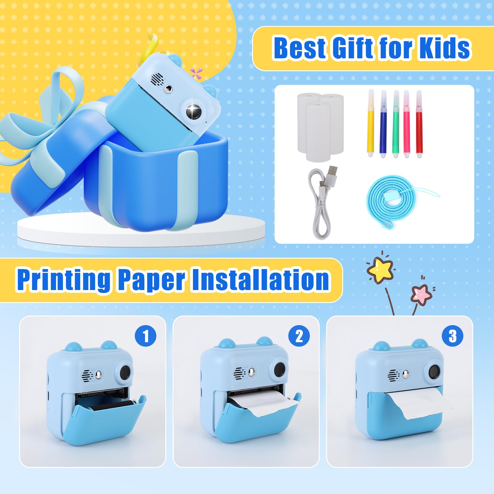 Gugxiom Kids Camera Instant Print, Fotocamera Digitale per Bambini con Scheda SD da 32 GB e 3 Rotoli Di Carta per Stampante, Fotocamera per Bambini per Ragazzi e Ragazze (blu)